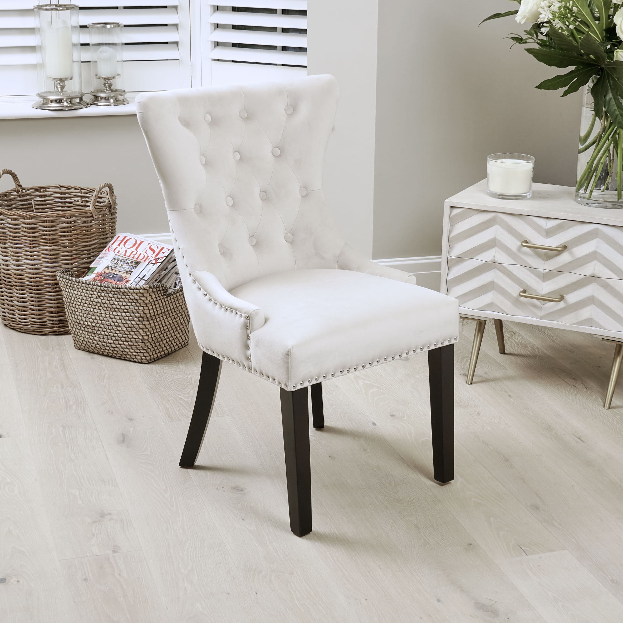 Knightsbridge Brushed Velvet Cream Dining Room Chair – Hoop Handle – Black Legs