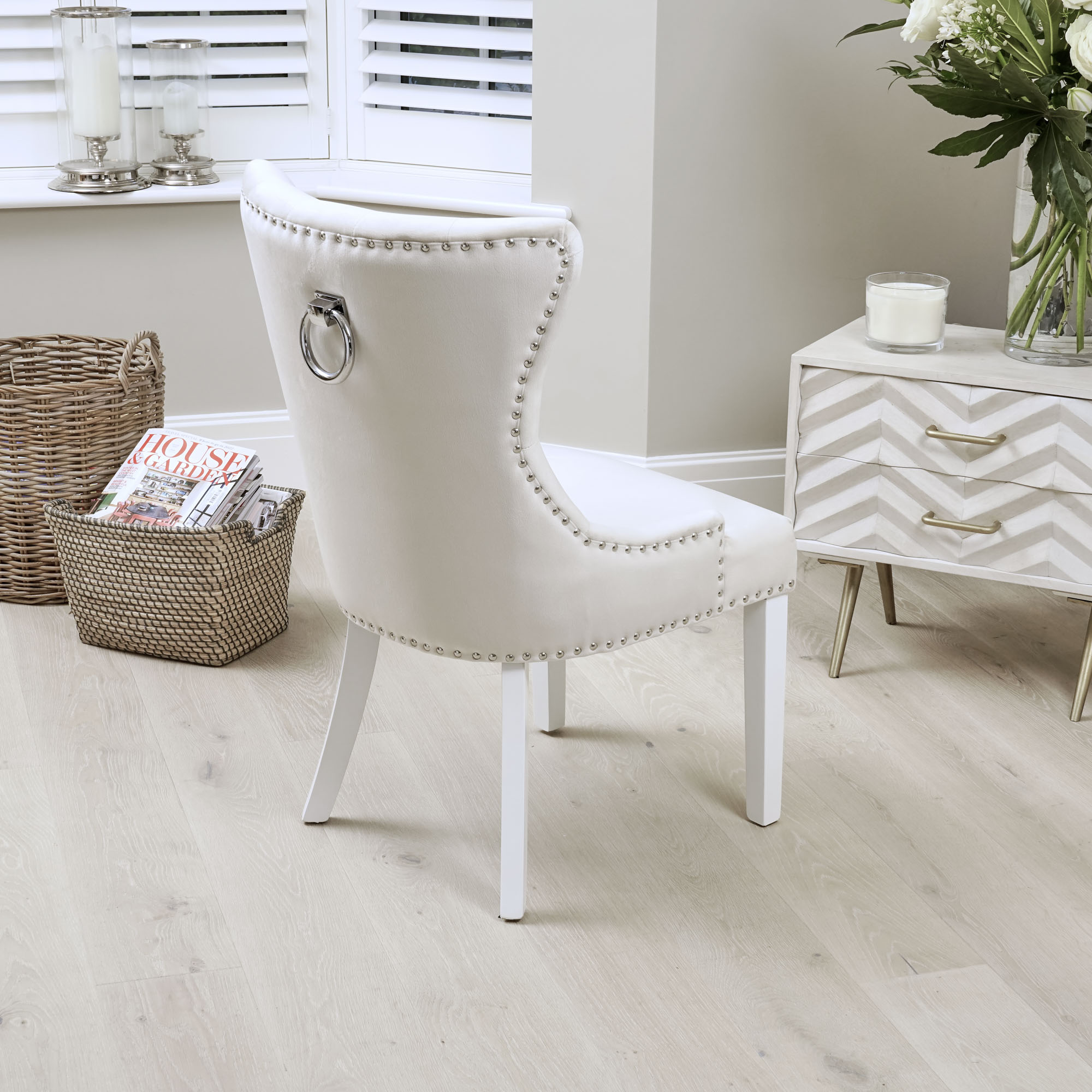 Knightsbridge Brushed Velvet Cream Dining Room Chair – Hoop Handle – White Legs
