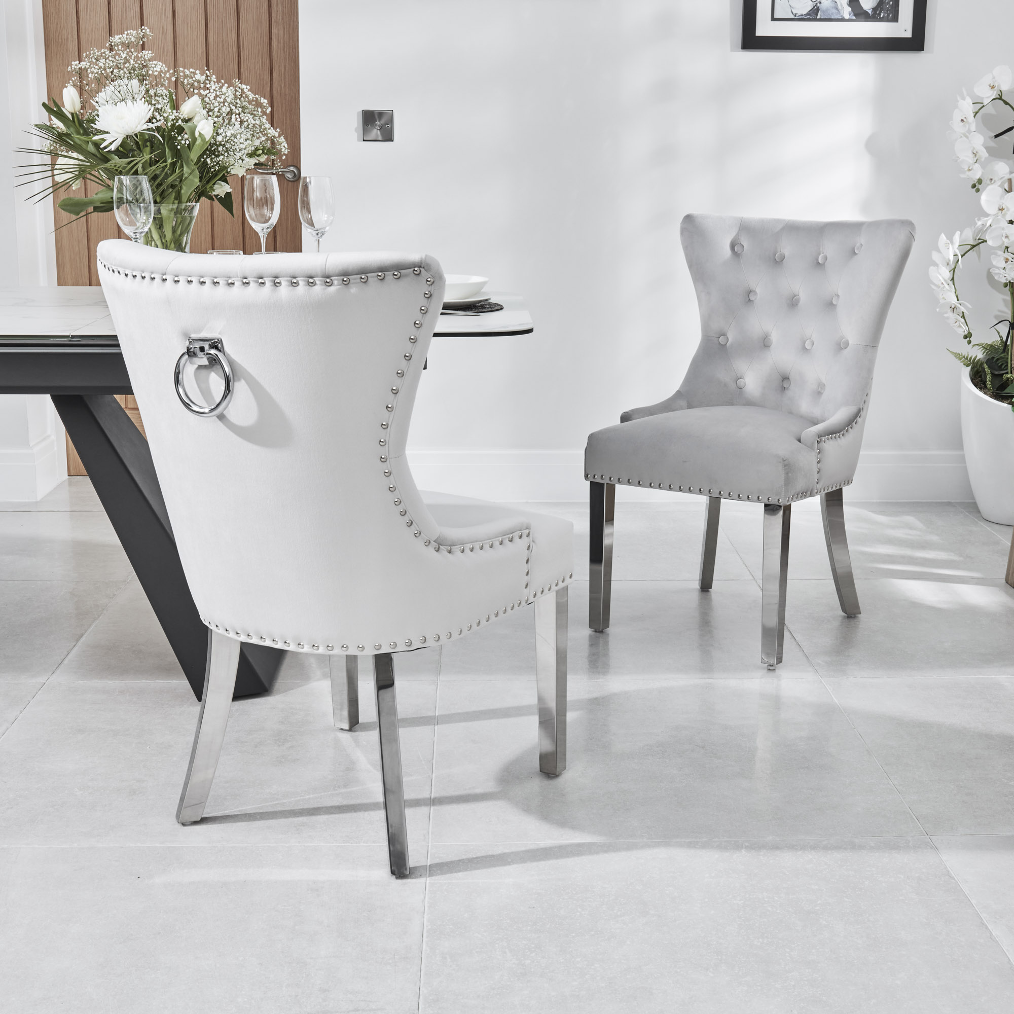 Set of 6 Knightsbridge Brushed Velvet Dining Chair – Light Grey – Steel Legs