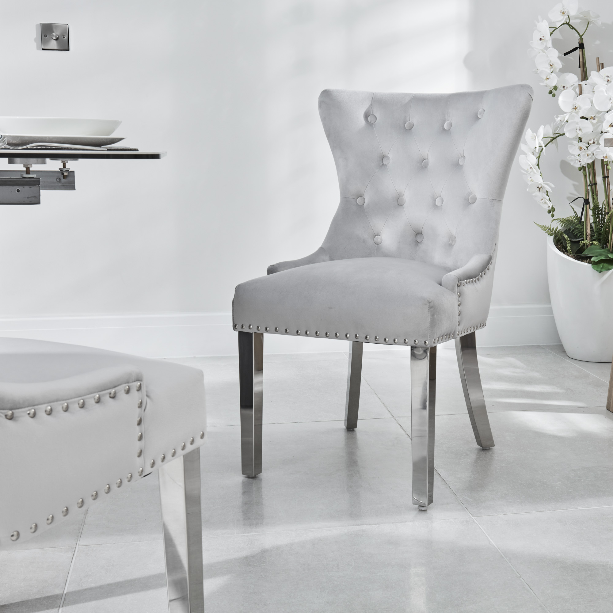 Set of 2 Knightsbridge Brushed Velvet Dining Chair – Light Grey – Steel Legs