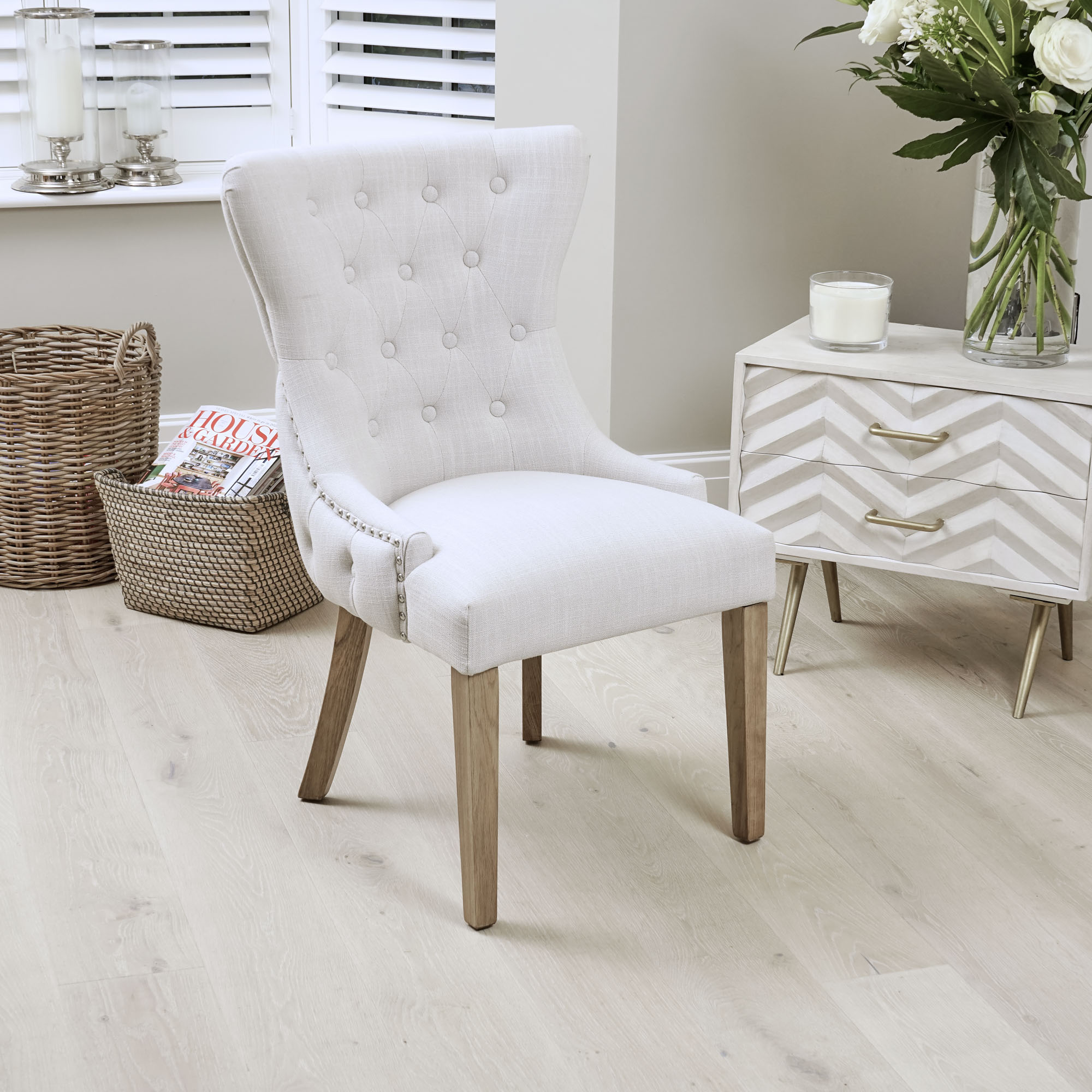 Knightsbridge Natural Linen Buttoned Scoop Dining Chair with Solid Oak Legs