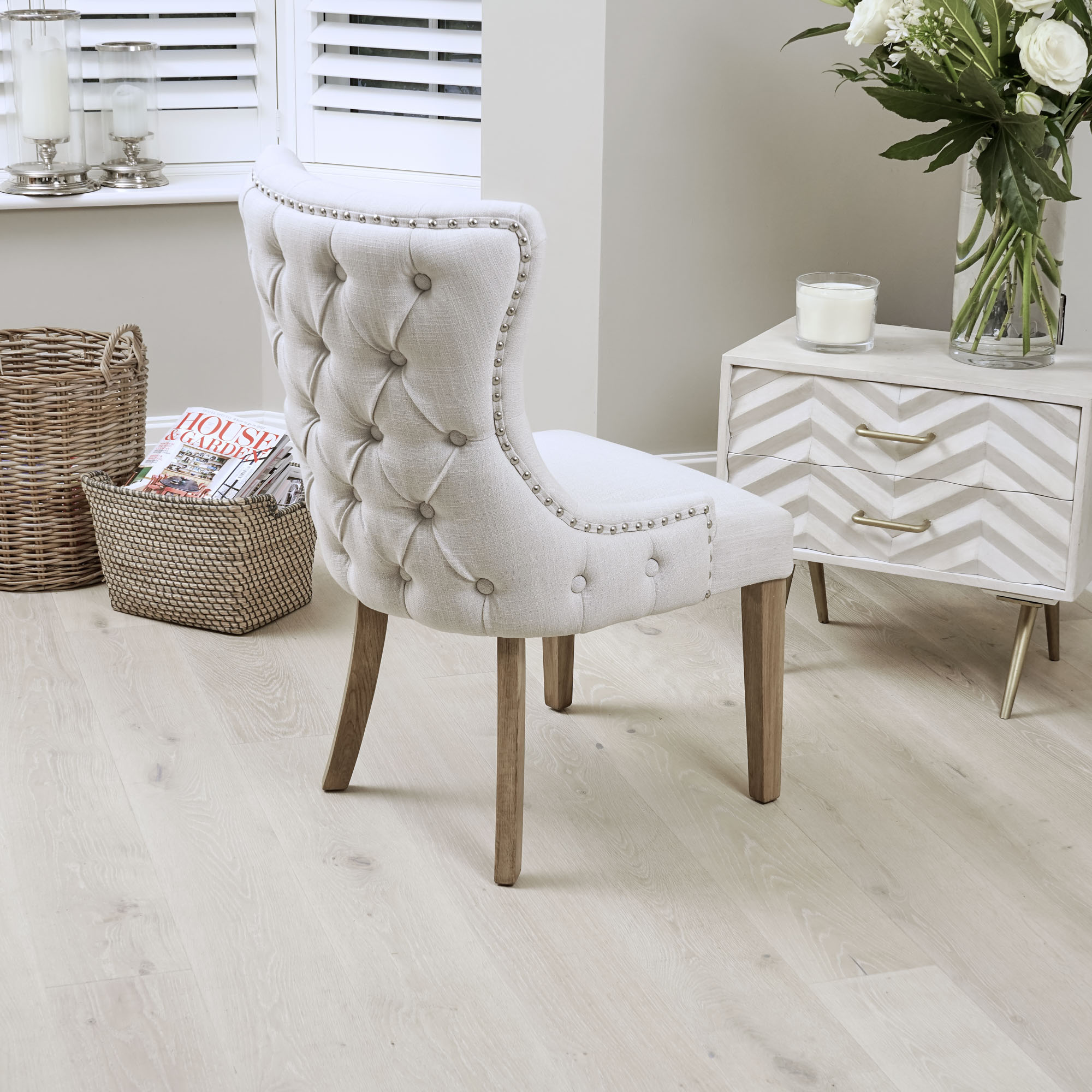 Knightsbridge Natural Linen Buttoned Scoop Dining Chair with Solid Oak Legs