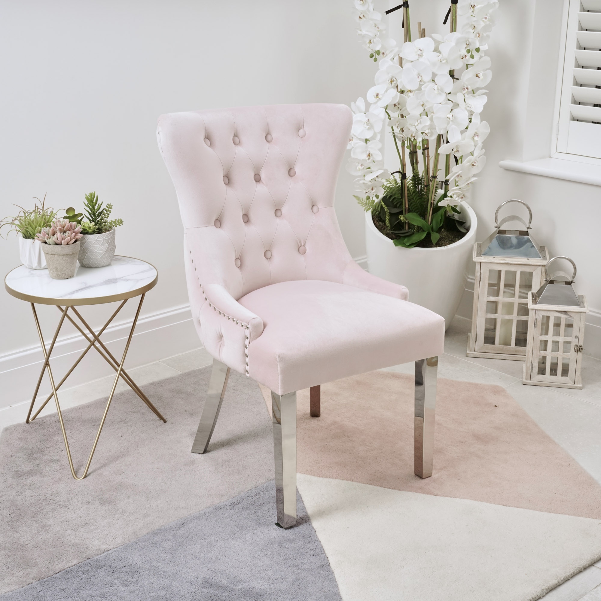 Knightsbridge Buttoned Pink Brushed Velvet Dining Chair – Steel Legs