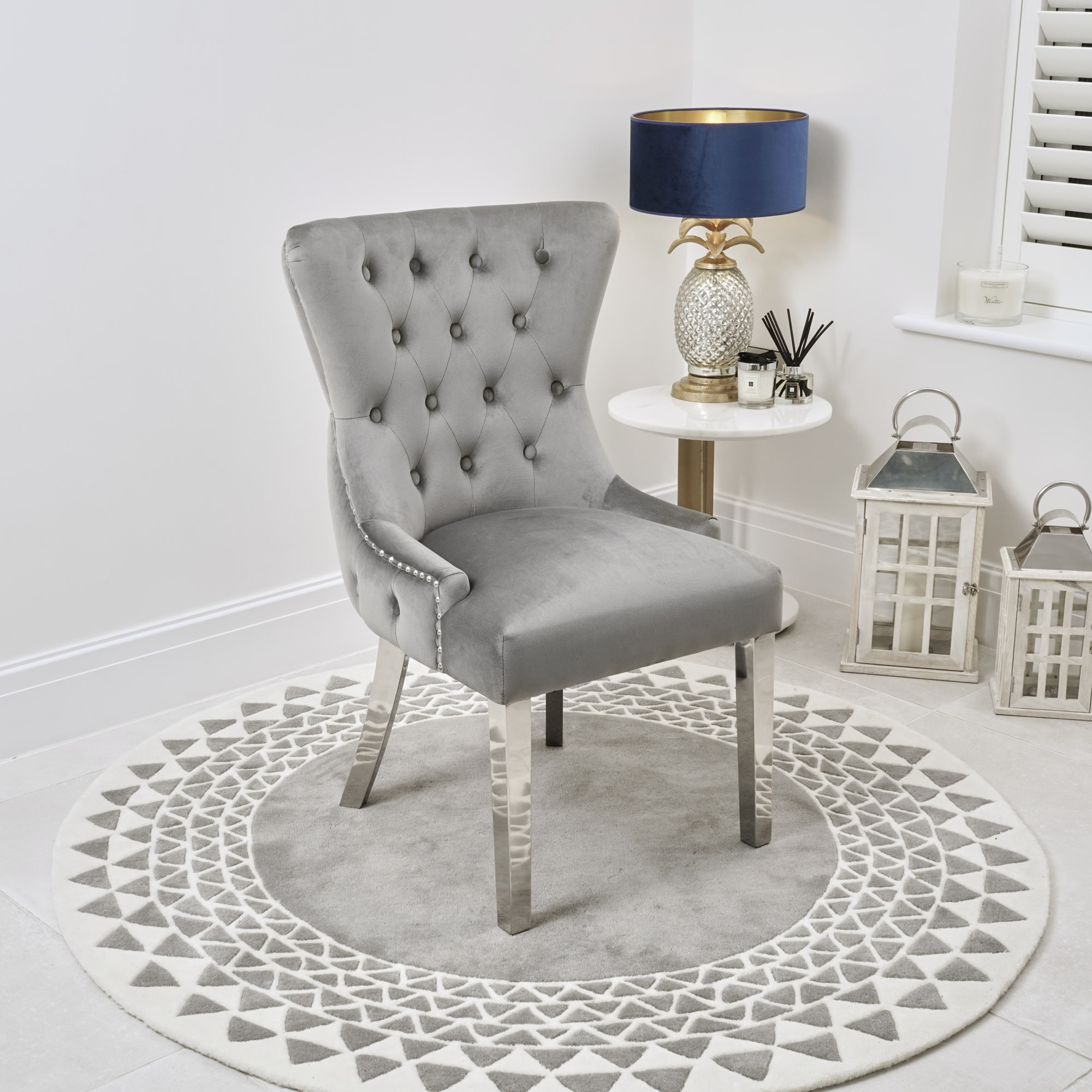 Knightsbridge Grey Velvet Upholstered Dining Room Chair With Button Tufted Detailing – Steel Legs