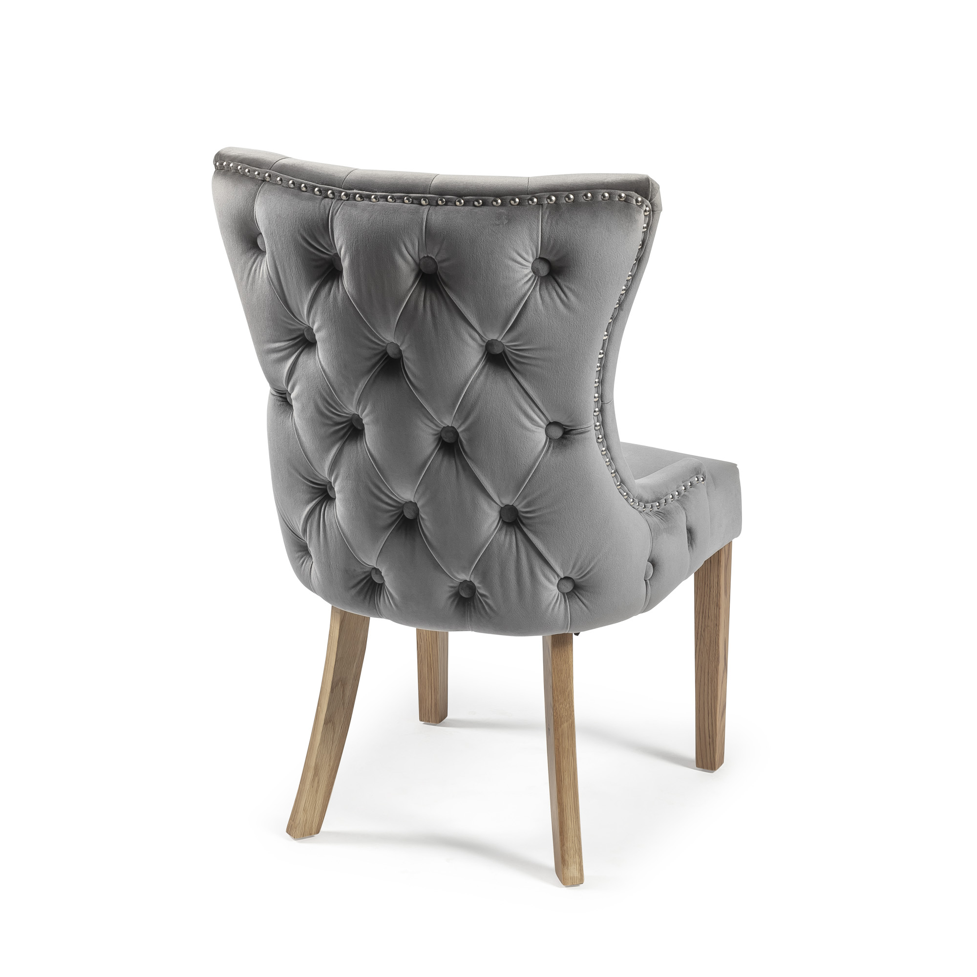 Knightsbridge Grey Velvet Upholstered Dining Room Chair With Button Tufted Detailing – Oak Legs