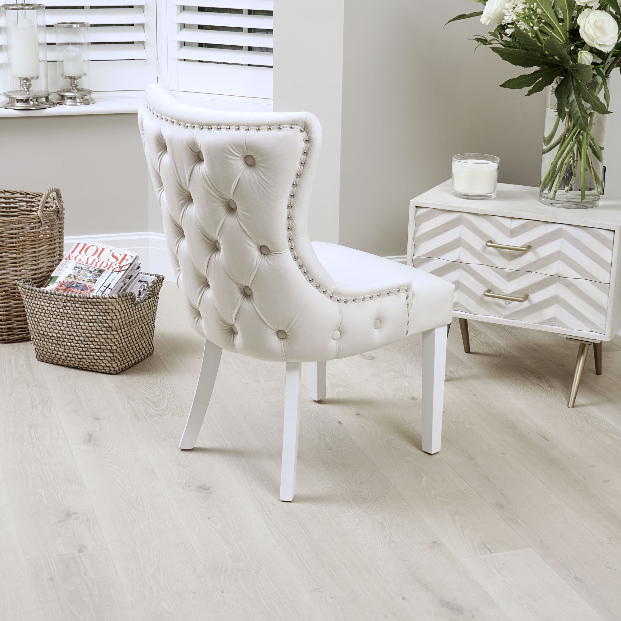 Knightsbridge Buttoned Brushed Velvet Dining Chair in Cream – White Leg