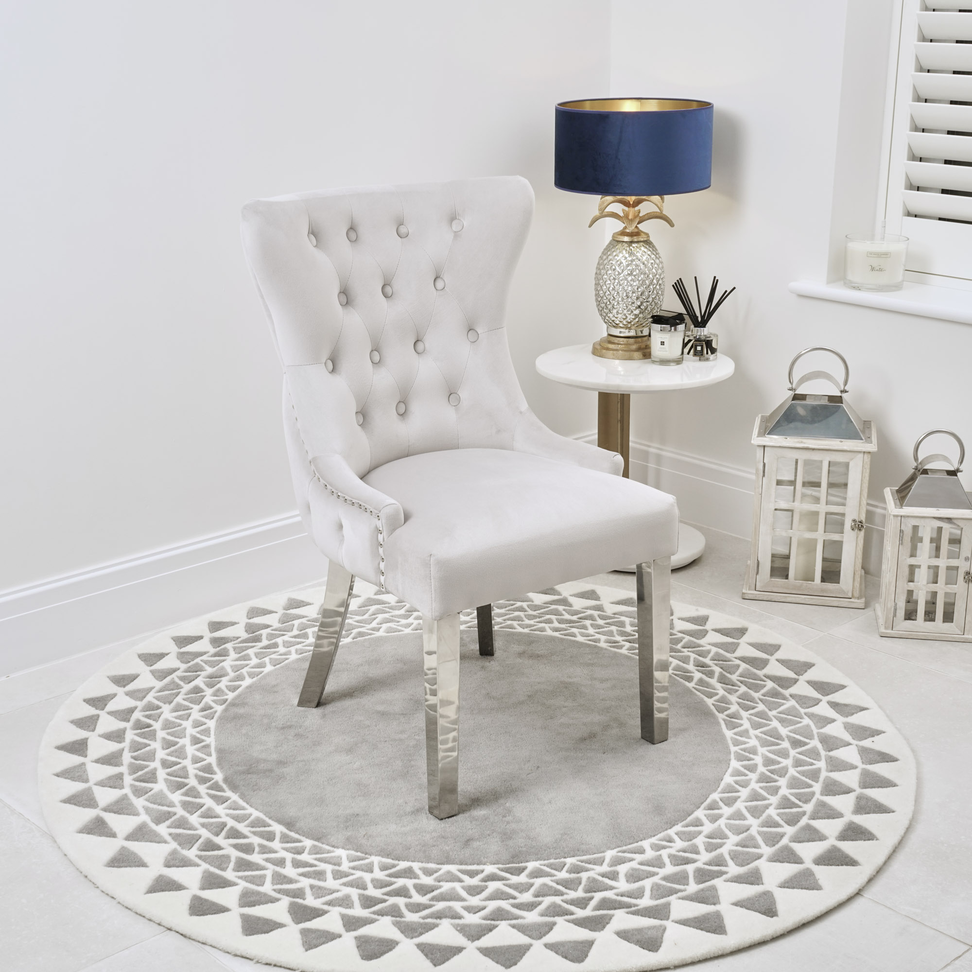 Knightsbridge Buttoned Brushed Velvet Dining Chair in Light Grey – Steel Legs