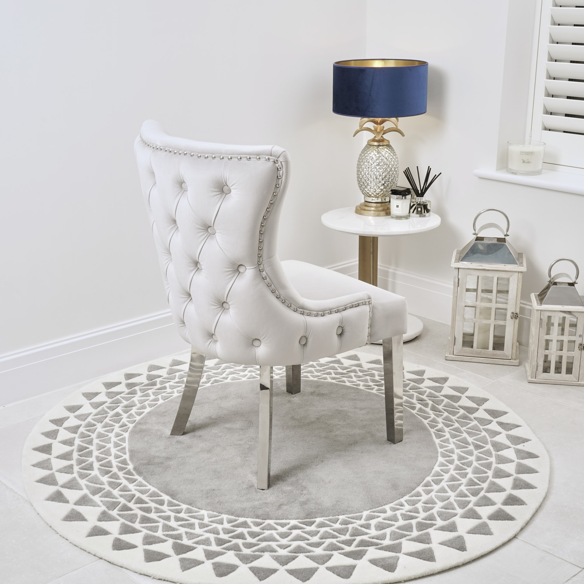 Knightsbridge Buttoned Brushed Velvet Dining Chair in Light Grey – Steel Legs
