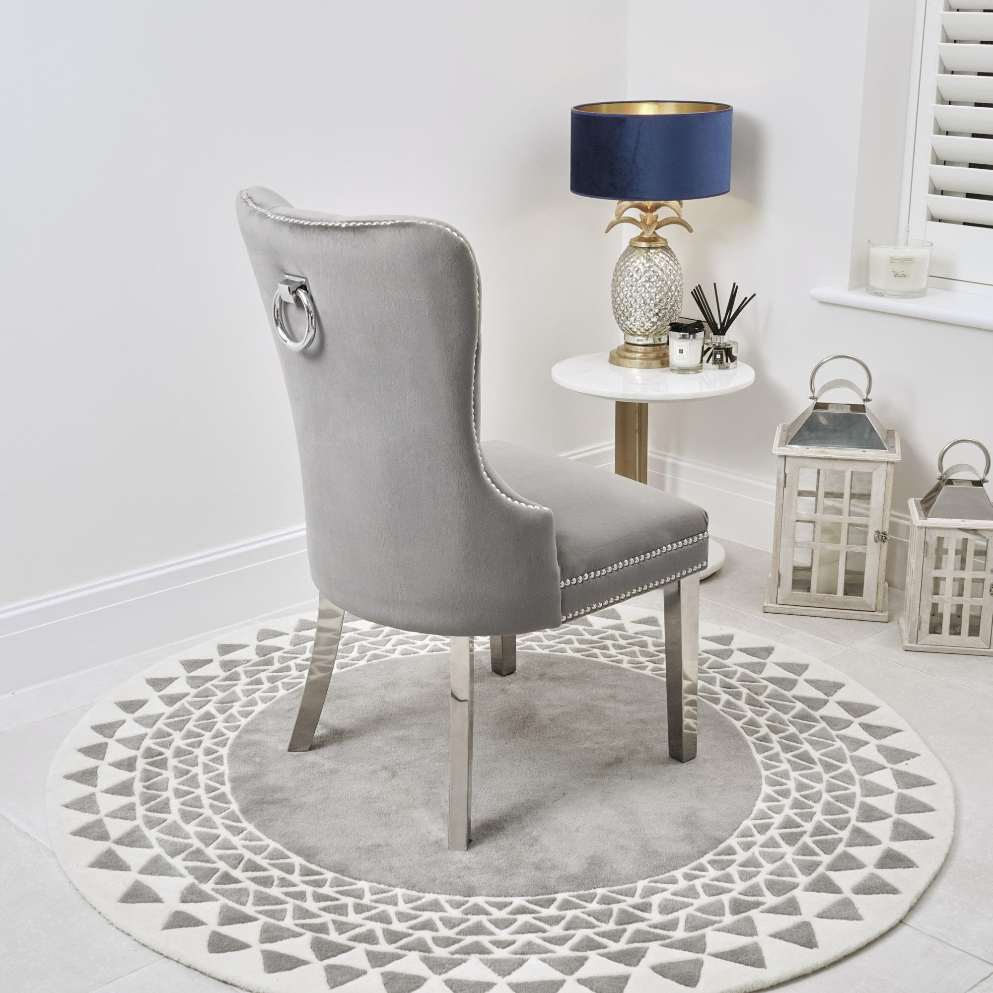 Hale Grey Brushed Velvet Dining Chair with Hoop – Polished Steel Legs