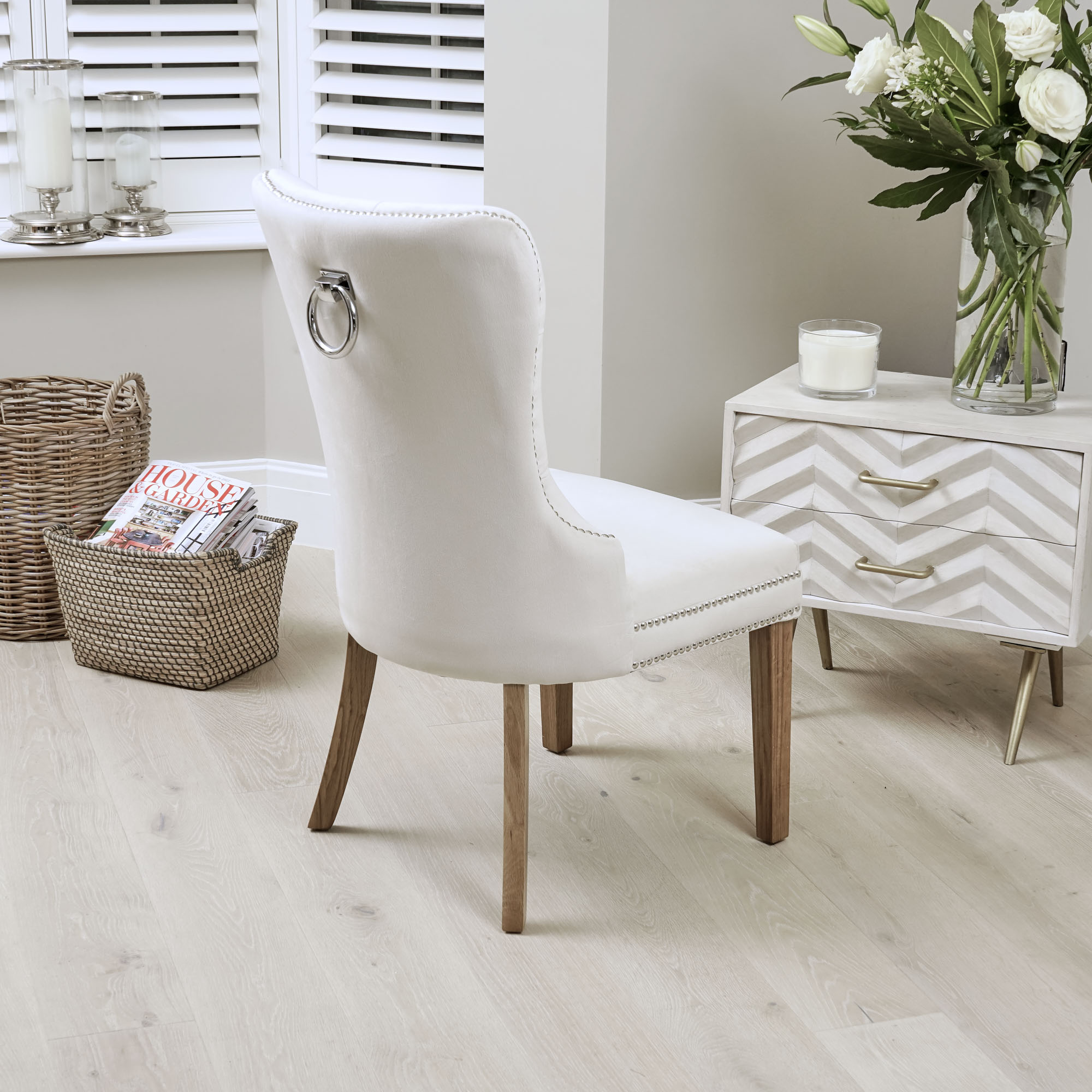 Hale Cream Brushed Velvet Studded & Hoop Dining Chair – Oak Legs