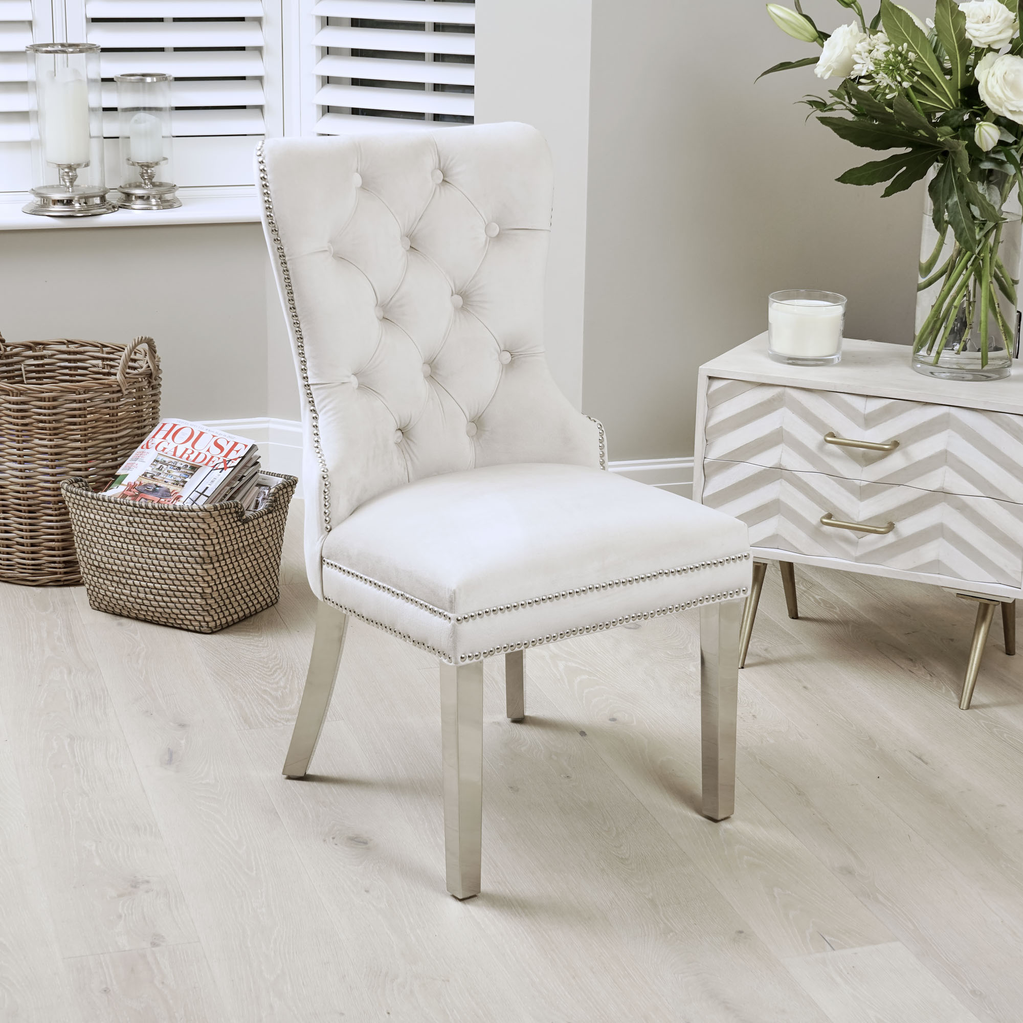 Set of 8 Hale Cream Brushed Velvet Studded & Hoop Dining Chair – Polished Steel Legs