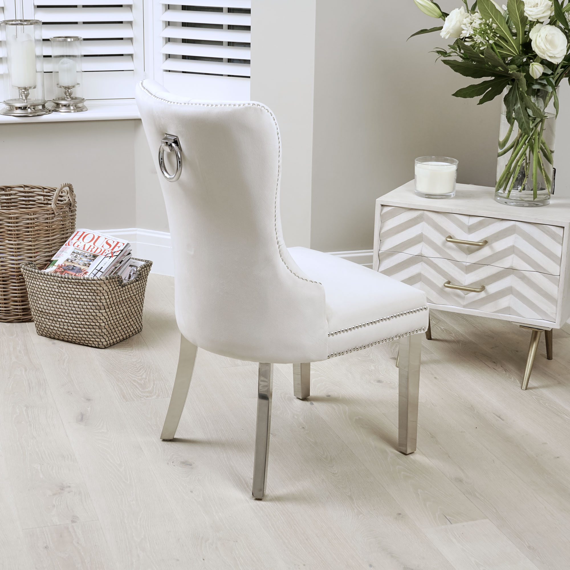 Set of 6 Hale Cream Brushed Velvet Studded & Hoop Dining Chair – Polished Steel Legs