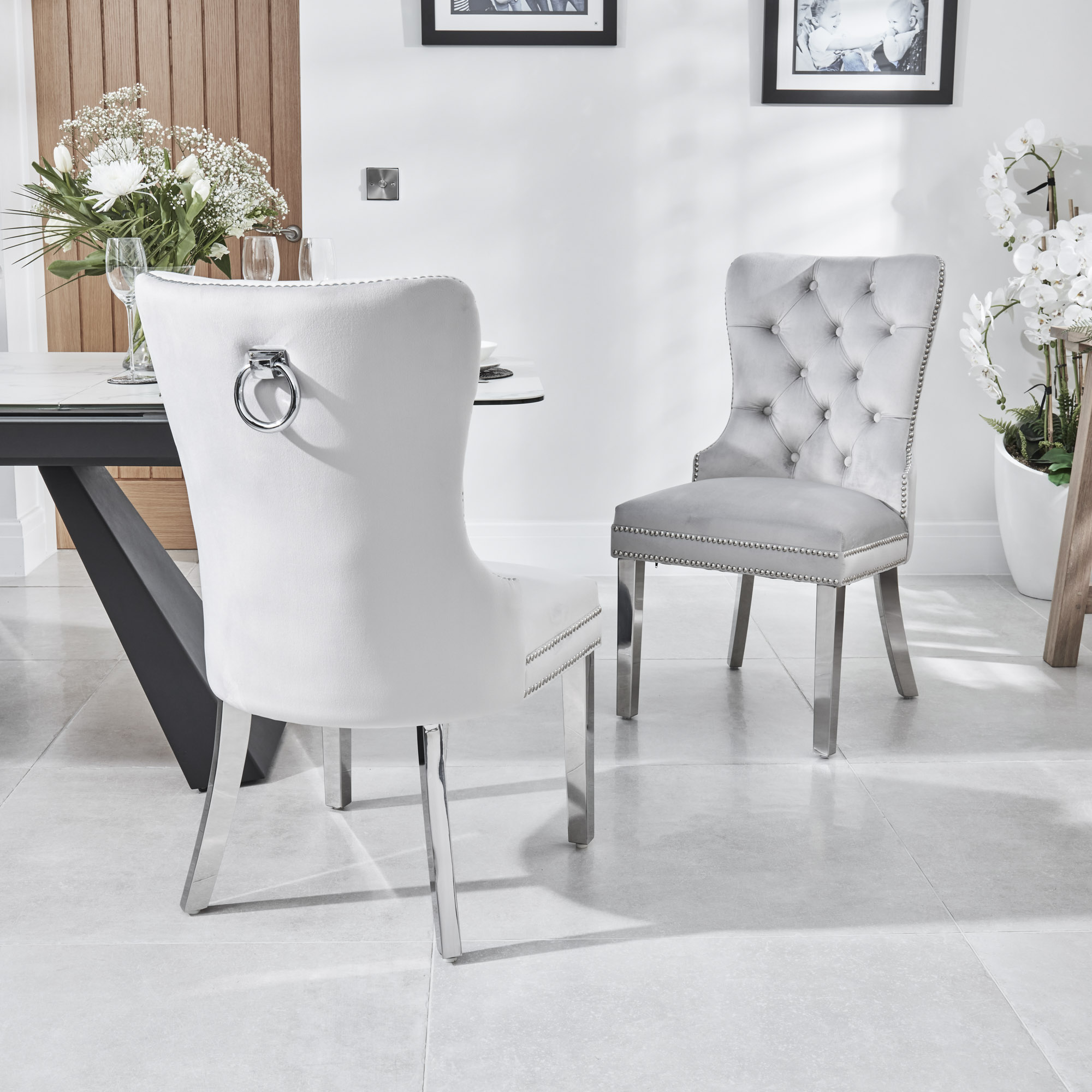 Set of 2 Hale Light Grey Brushed Velvet Dining Chair with Hoop Handle – Steel Legs