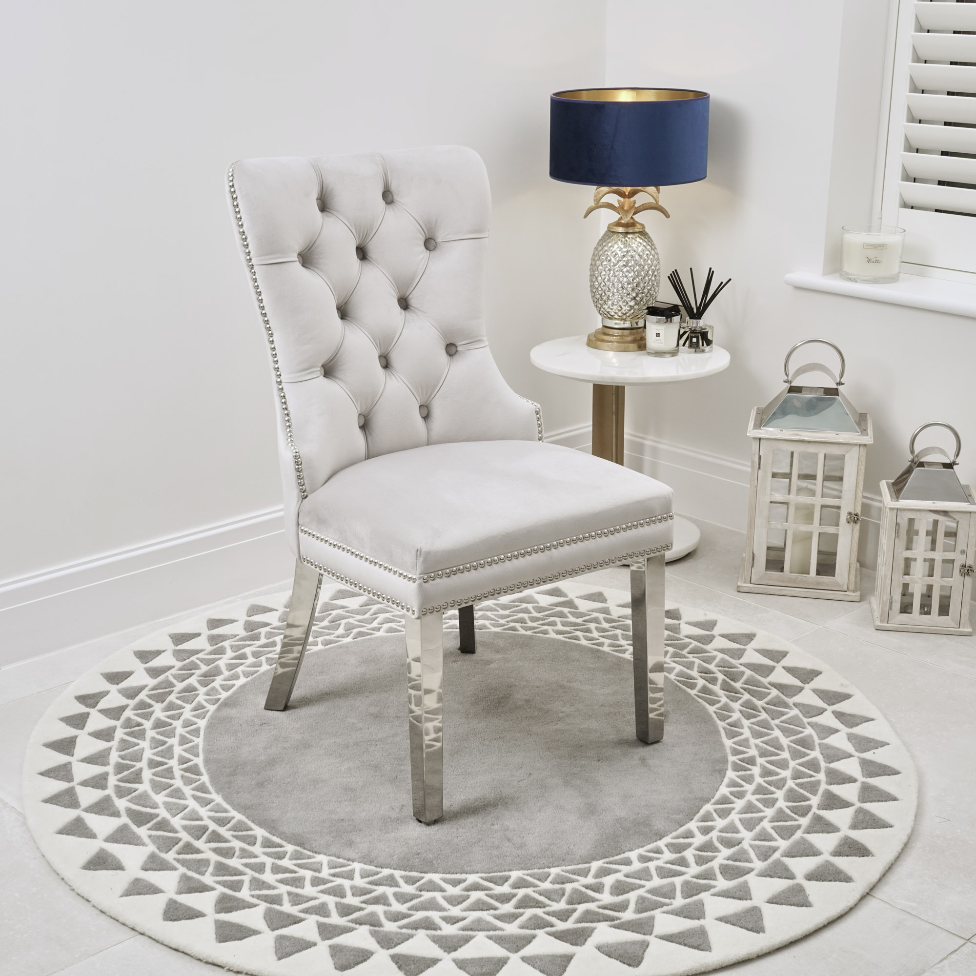 Set of 4 Hale Light Grey Brushed Velvet Dining Chair with Hoop Handle – Steel Legs