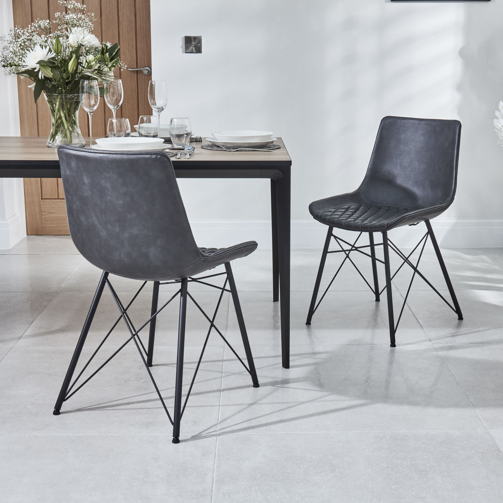 Bellagio 90cm Square Grey Sintered Stone Dining Table Set with 4x Leon Grey Dining Chairs