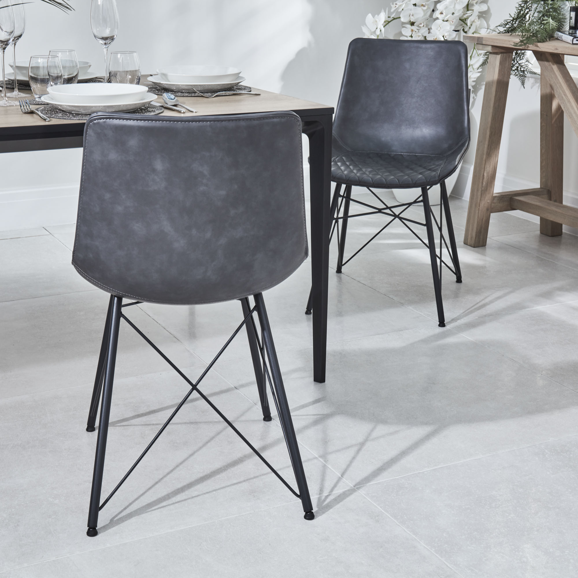 Bellagio 90cm Square Grey Sintered Stone Dining Table Set with 4x Leon Grey Dining Chairs