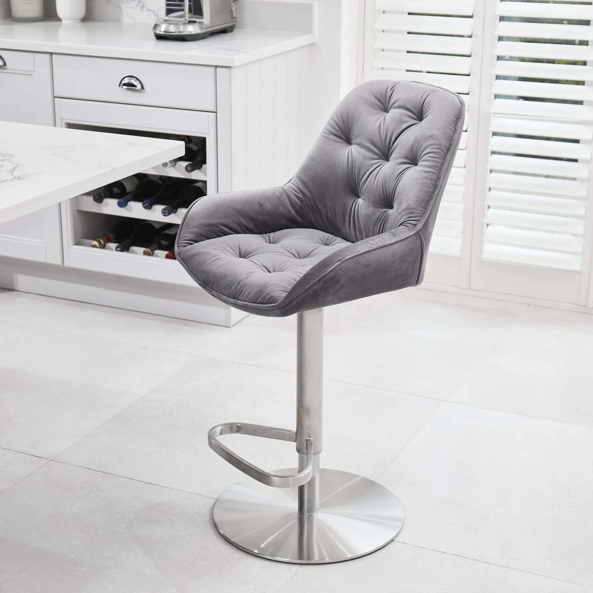 Seattle Swivel Grey Velvet Gas Lift Bar Stool