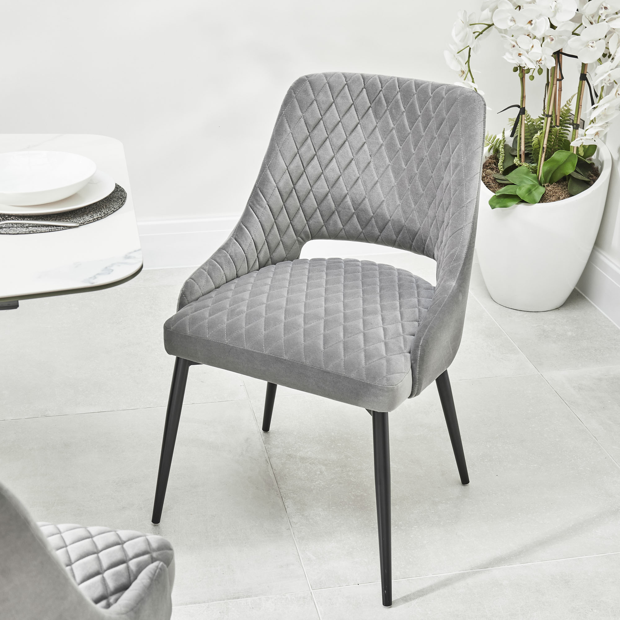 Joan Quilted Upholstered Grey Velvet Dining Chair