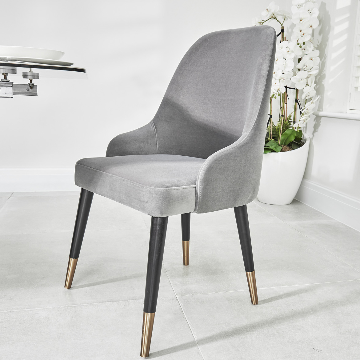 Isla Grey Velvet Dining Chair with Gold Tipped Feet