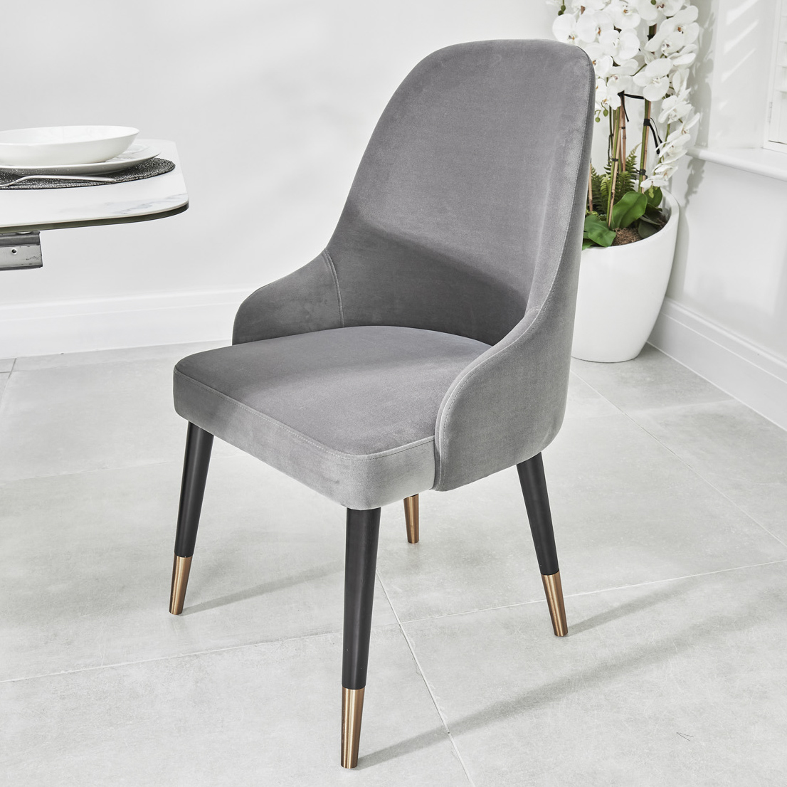 Isla Grey Velvet Dining Chair with Gold Tipped Feet