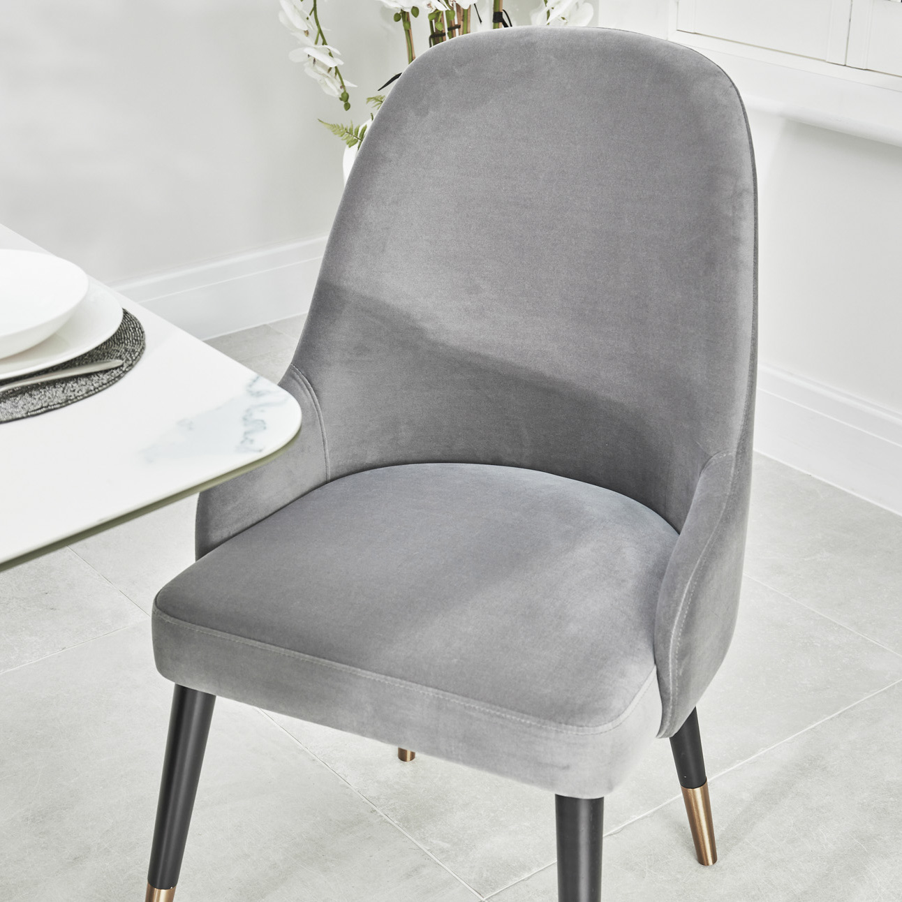 Isla Grey Velvet Dining Chair with Gold Tipped Feet