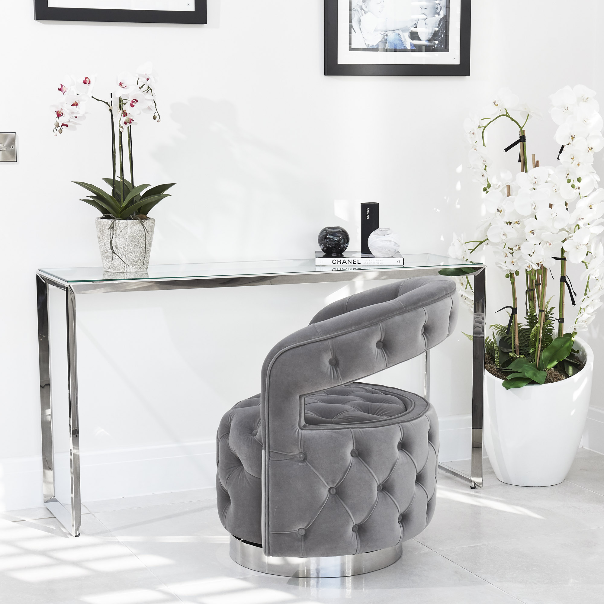 Olivia Grey Velvet Swivel Dressing Tub Chair