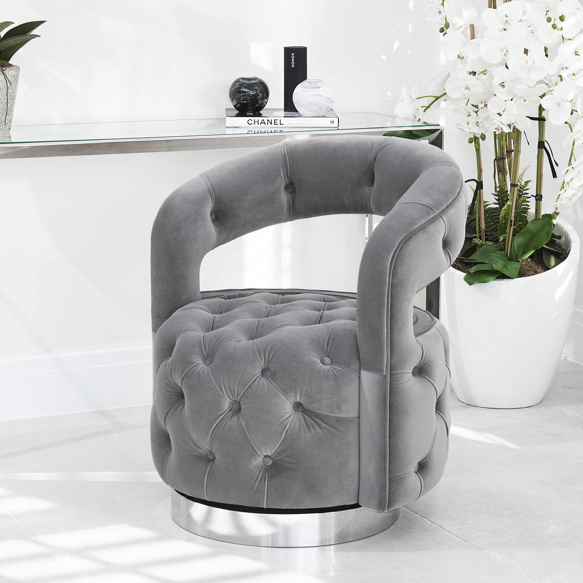 Olivia Grey Velvet Swivel Dressing Tub Chair