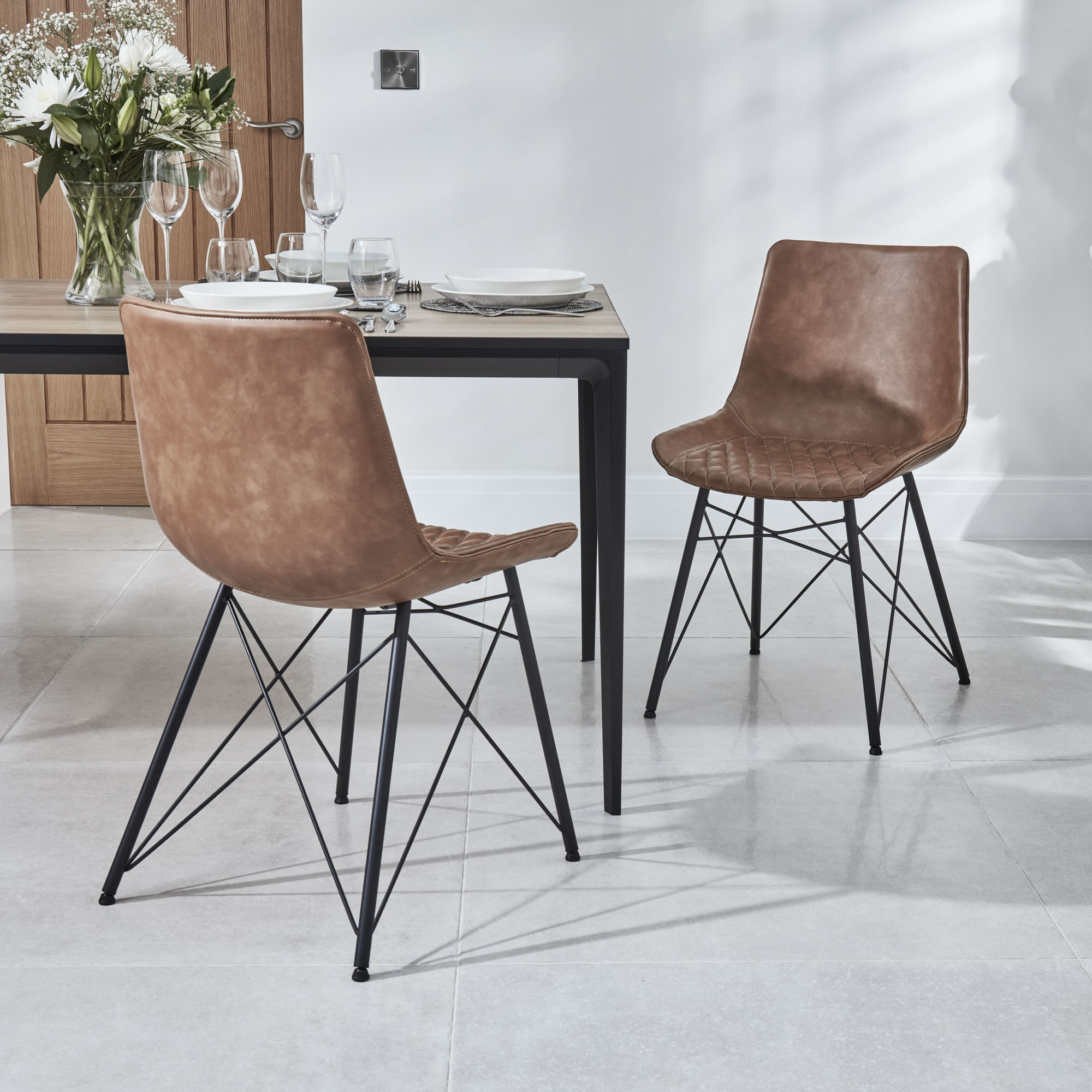 Bellagio 90cm Square Natural Oak Melamine Dining Table Set with 4x Leon Tan Dining Chairs