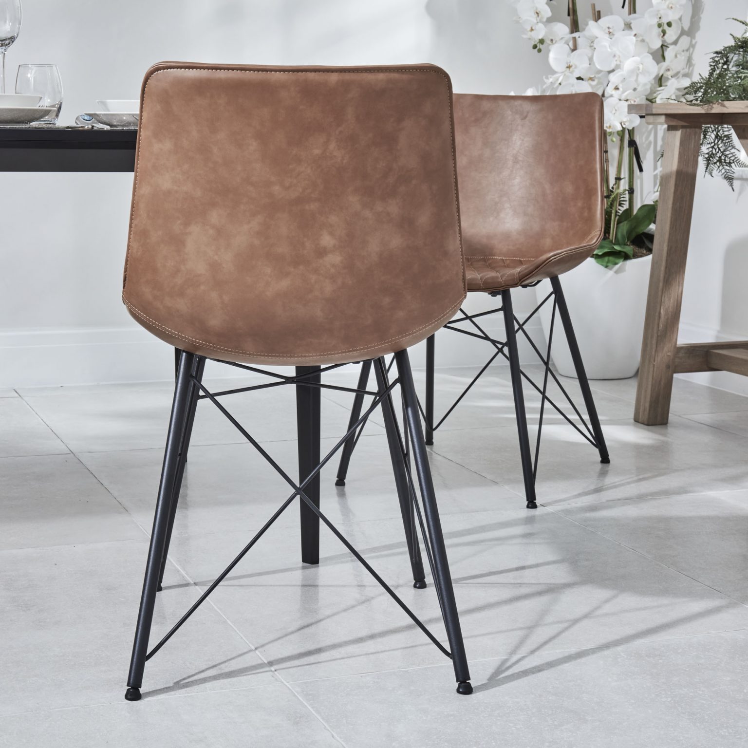 (Set of 2) Leon Tan Faux Leather Quilted Dining Chairs | Grosvenor ...