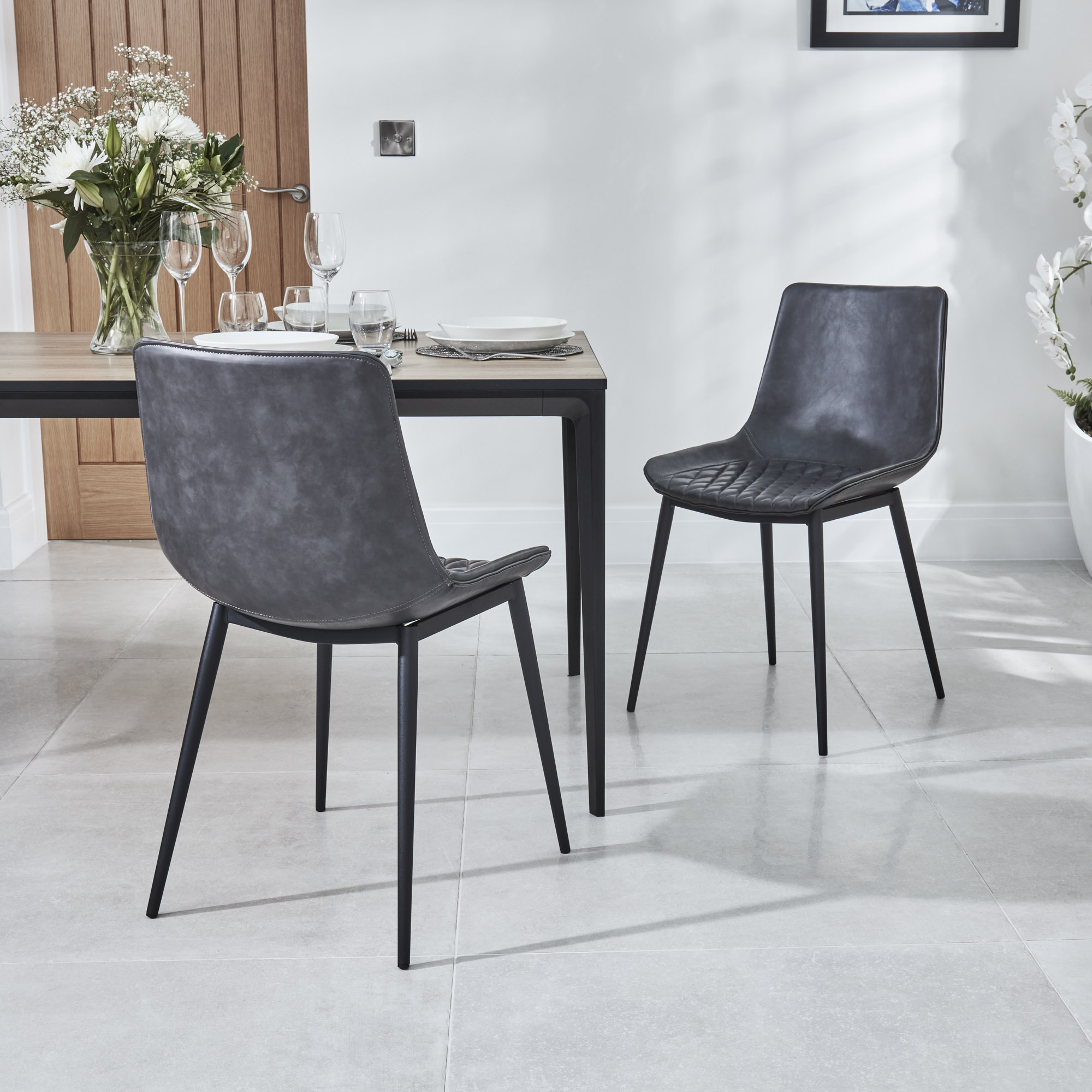 Bellagio 90cm Square White Sintered Stone Dining Table with 4 x Leo Grey Dining Chairs