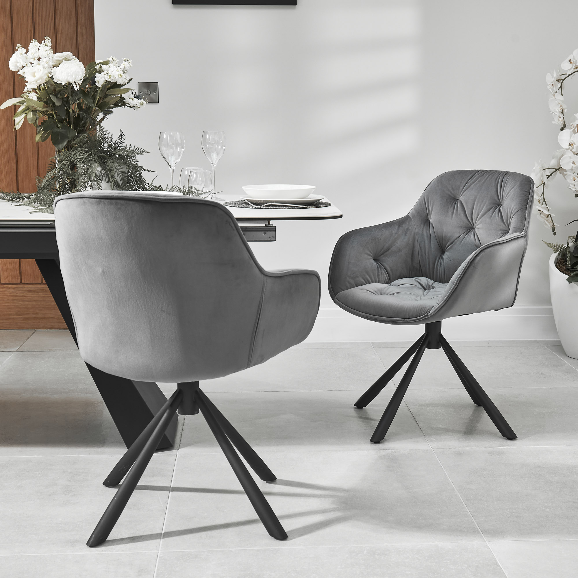 (Set of 2) Seattle Swivel Grey Velvet Upholstered Dining Arm Chair