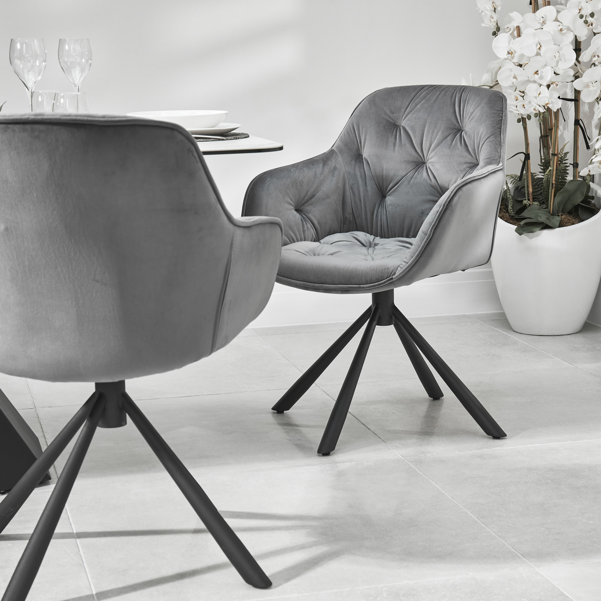 (Set of 2) Seattle Swivel Grey Velvet Upholstered Dining Arm Chair