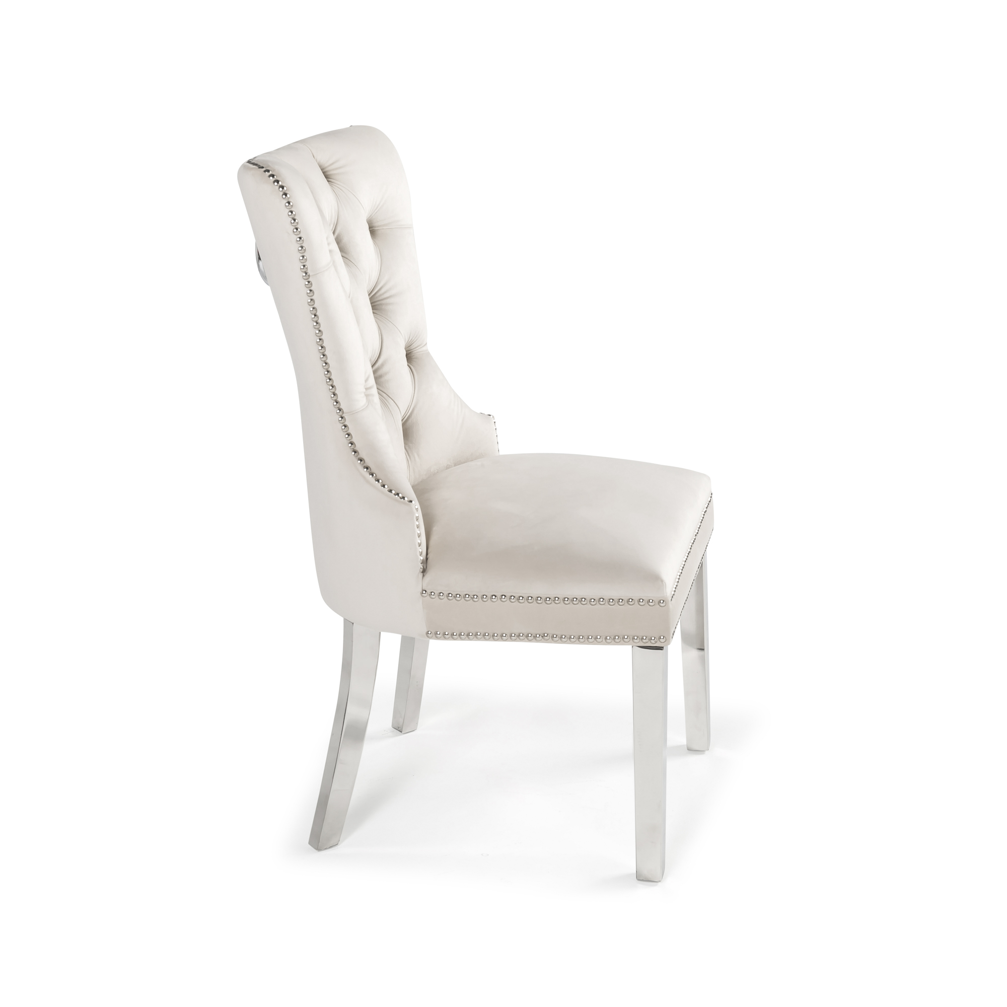 Set of 4 Hale Cream Brushed Velvet Studded Hoop Dining Chair – Polished Steel Legs
