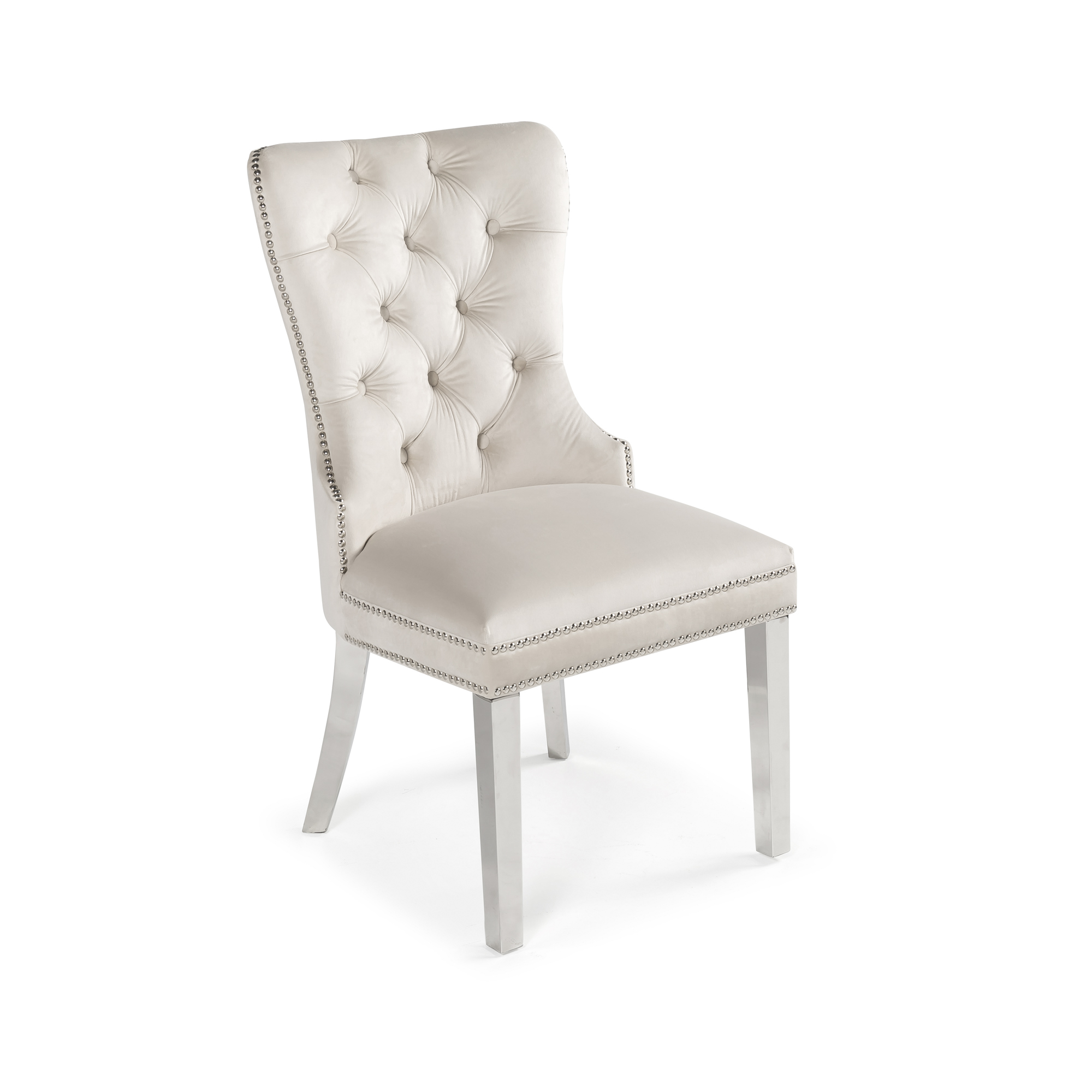 Set of 4 Hale Cream Brushed Velvet Studded & Hoop Dining Chair – Polished Steel Legs