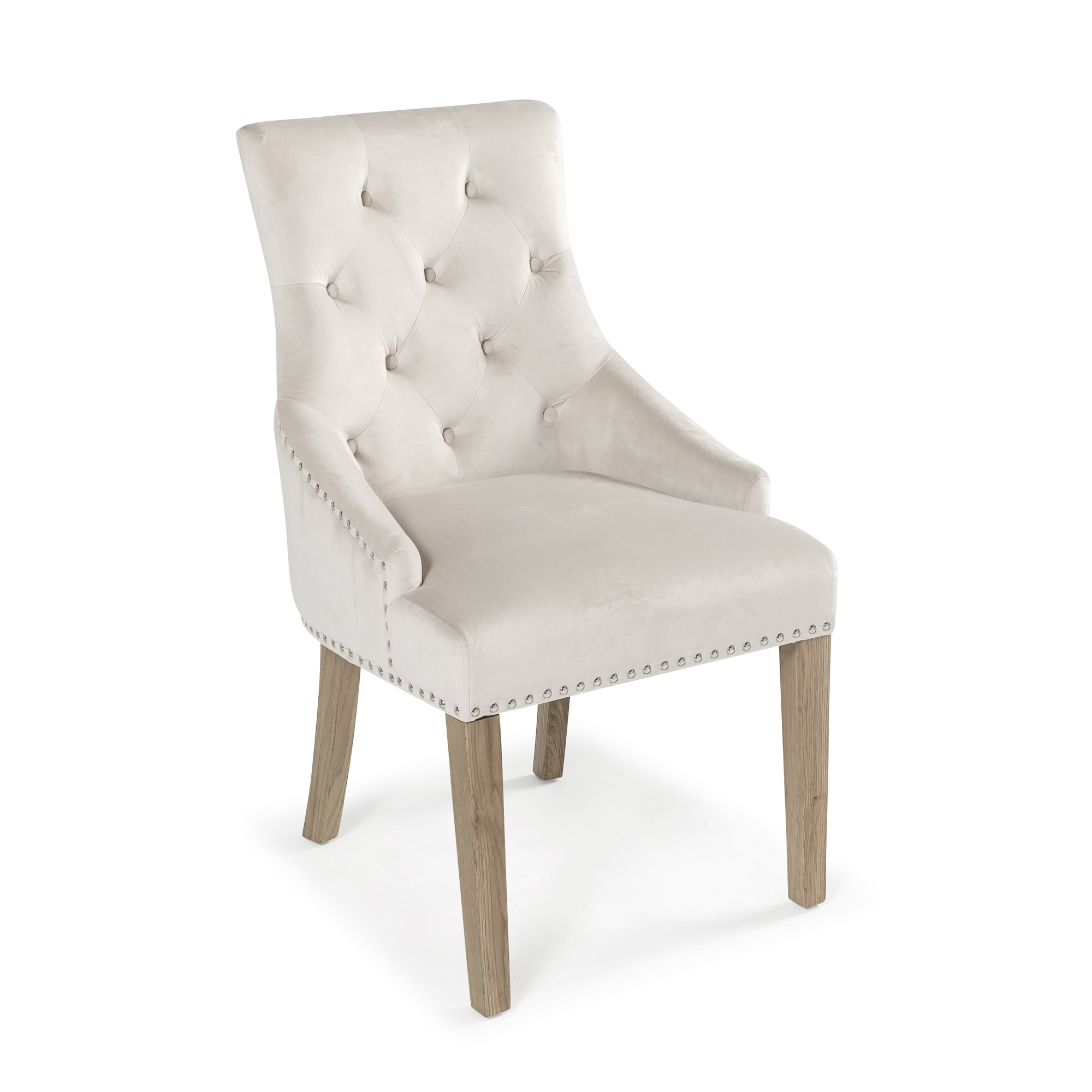 Chelsea Brushed Velvet Upholstered Scoop Back Dining Chair with Stainless Steel Hoop – Cream – Oak Legs