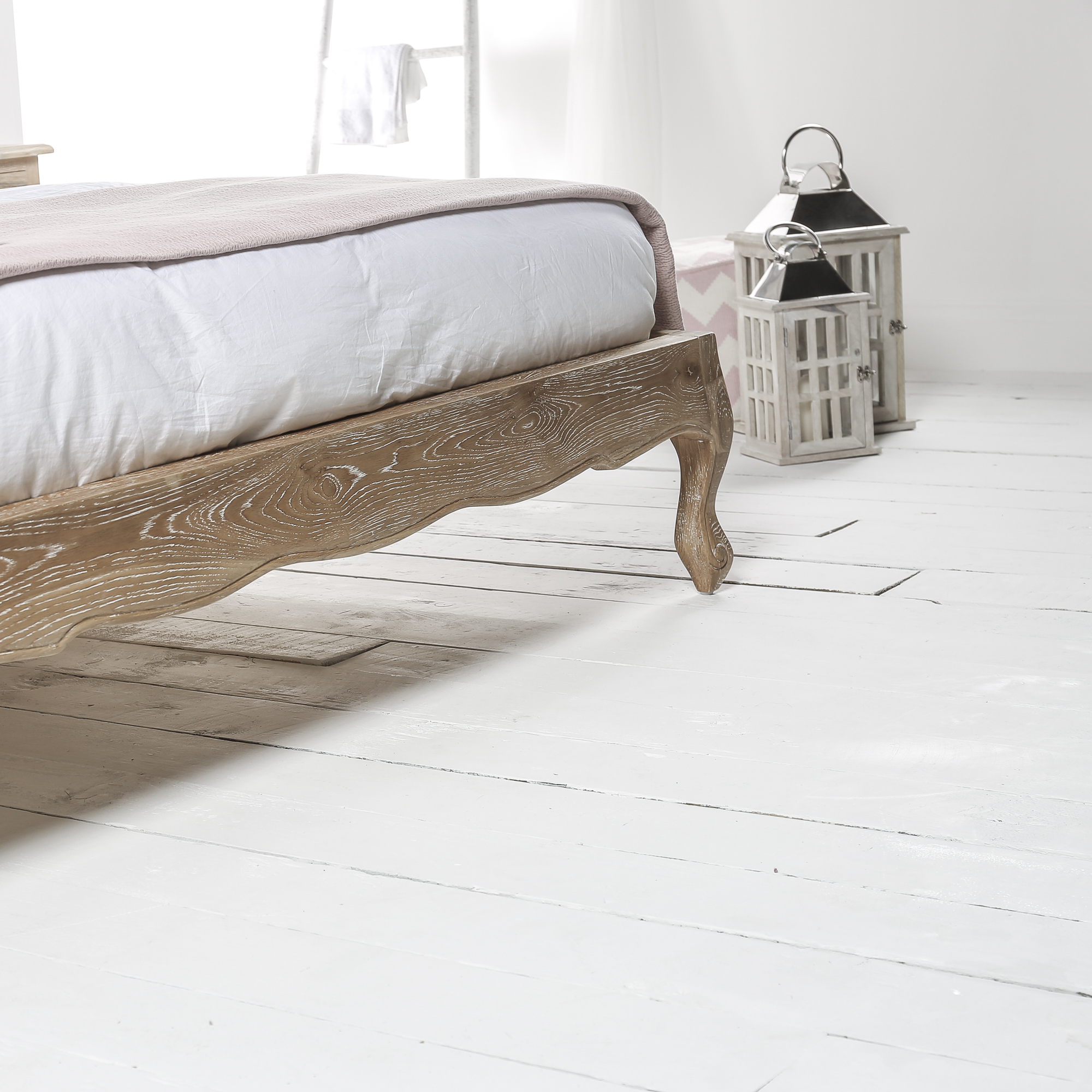 Clementine French Weathered Whitewash Oak Upholstered Low Foot Board Bed – Double