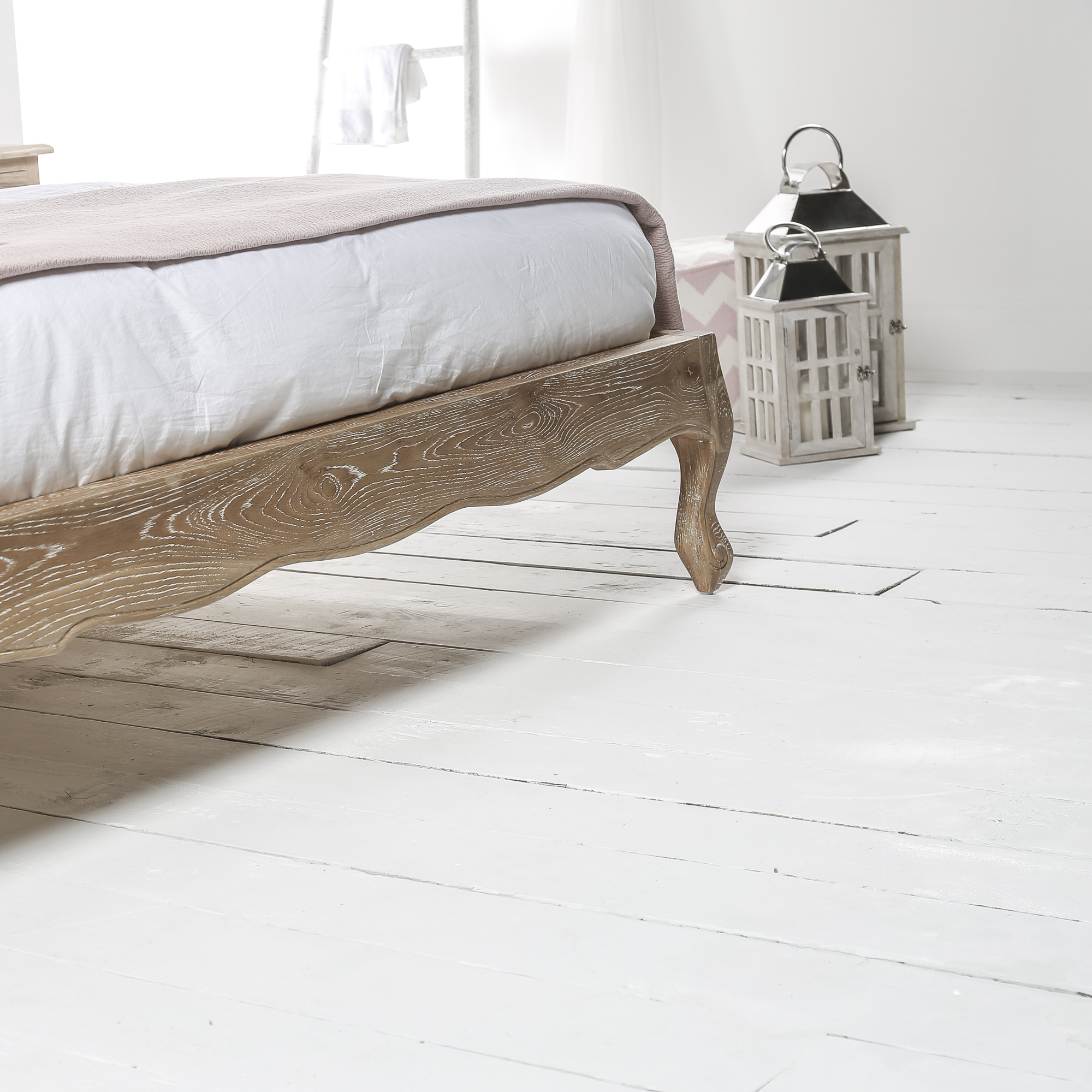 Clementine French Weathered Whitewash Oak Upholstered Low Foot Board Bed – King Size