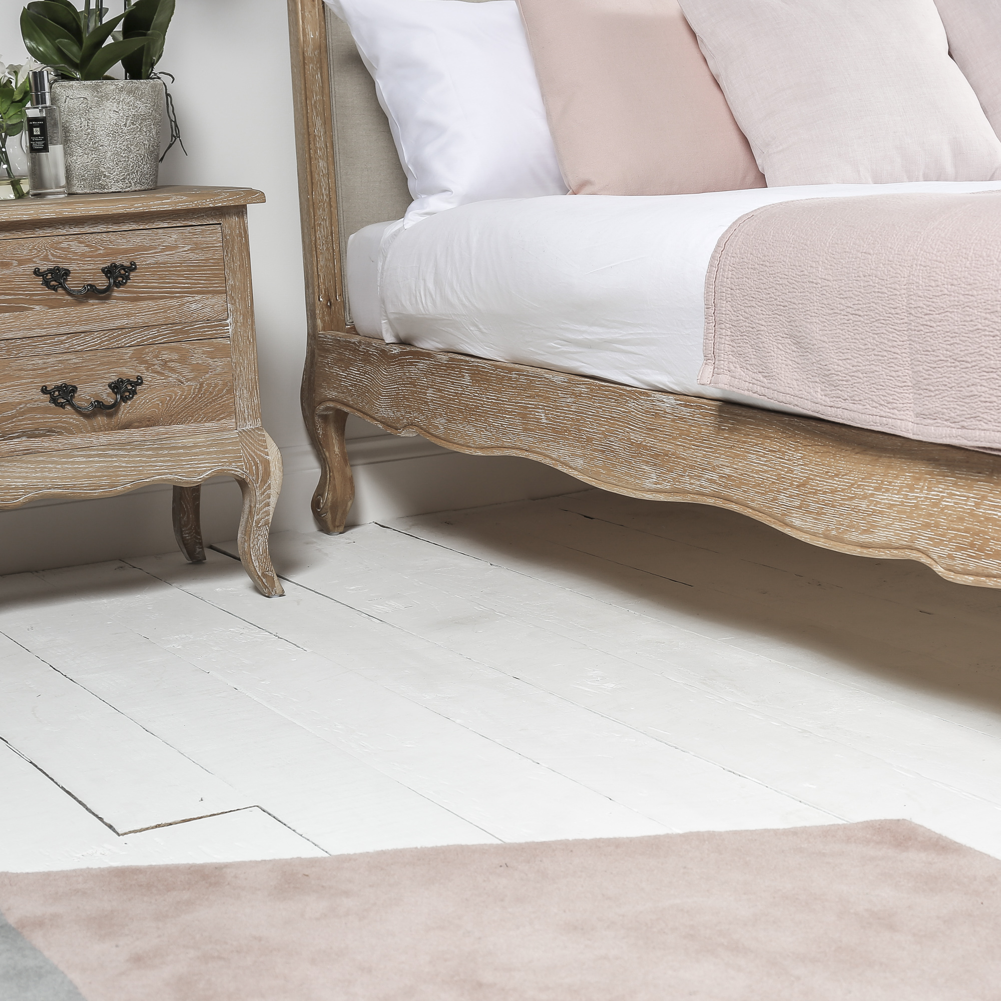French Weathered Whitewash Oak Upholstered Low Foot Board Bed – Double