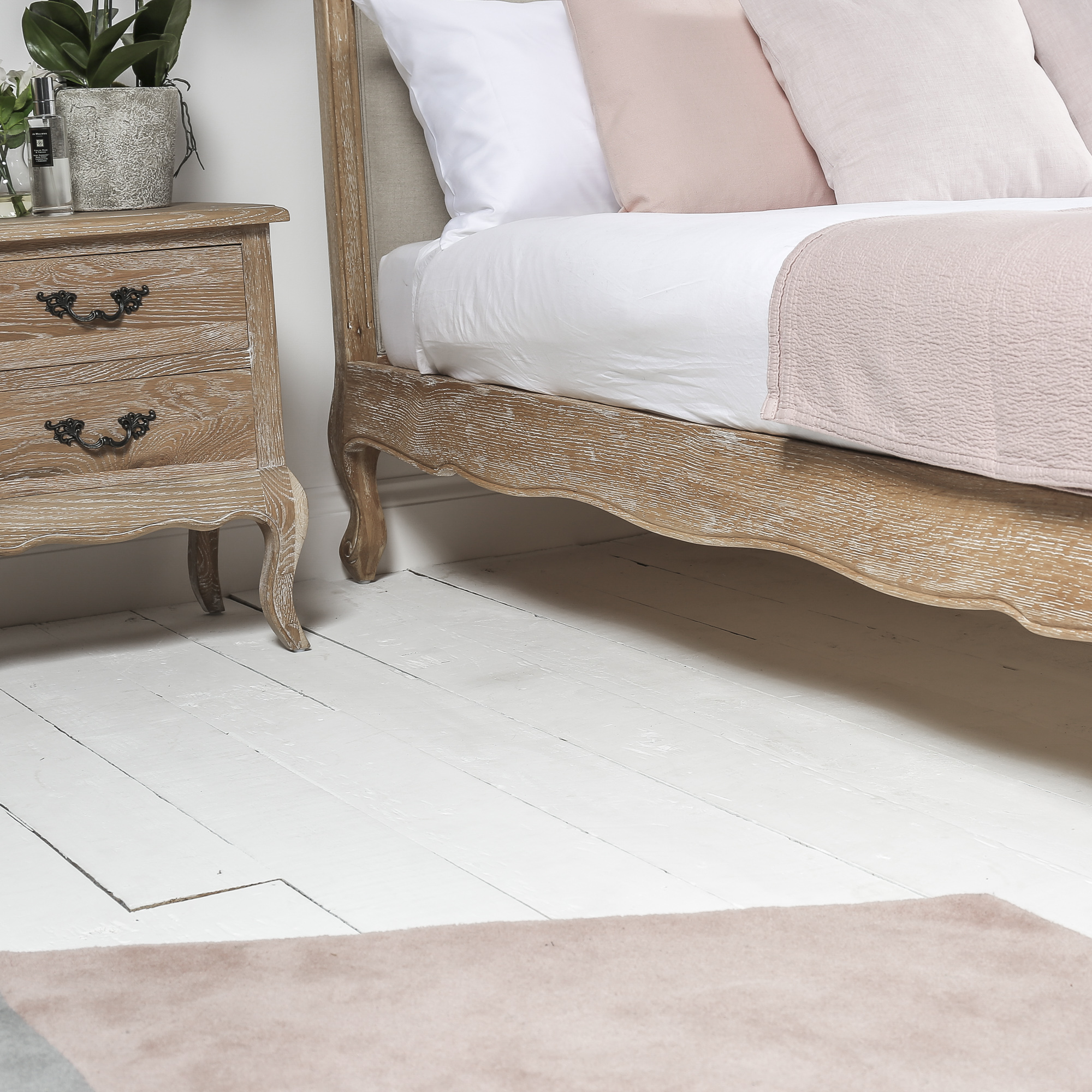 Clementine French Weathered Whitewash Oak Upholstered Low Foot Board Bed – King Size