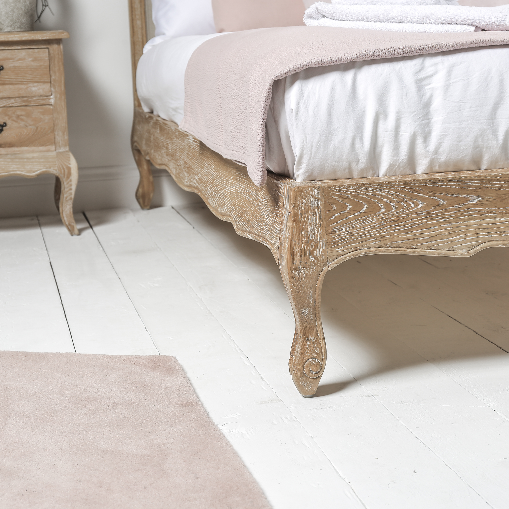 Clementine French Weathered Whitewash Oak Upholstered Low Foot Board Bed – Super King Size