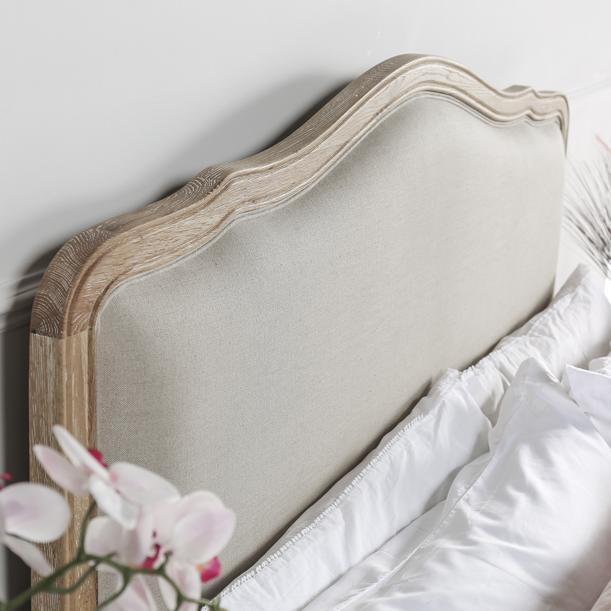 Clementine French Weathered Whitewash Oak Upholstered Headboard – Super King Size