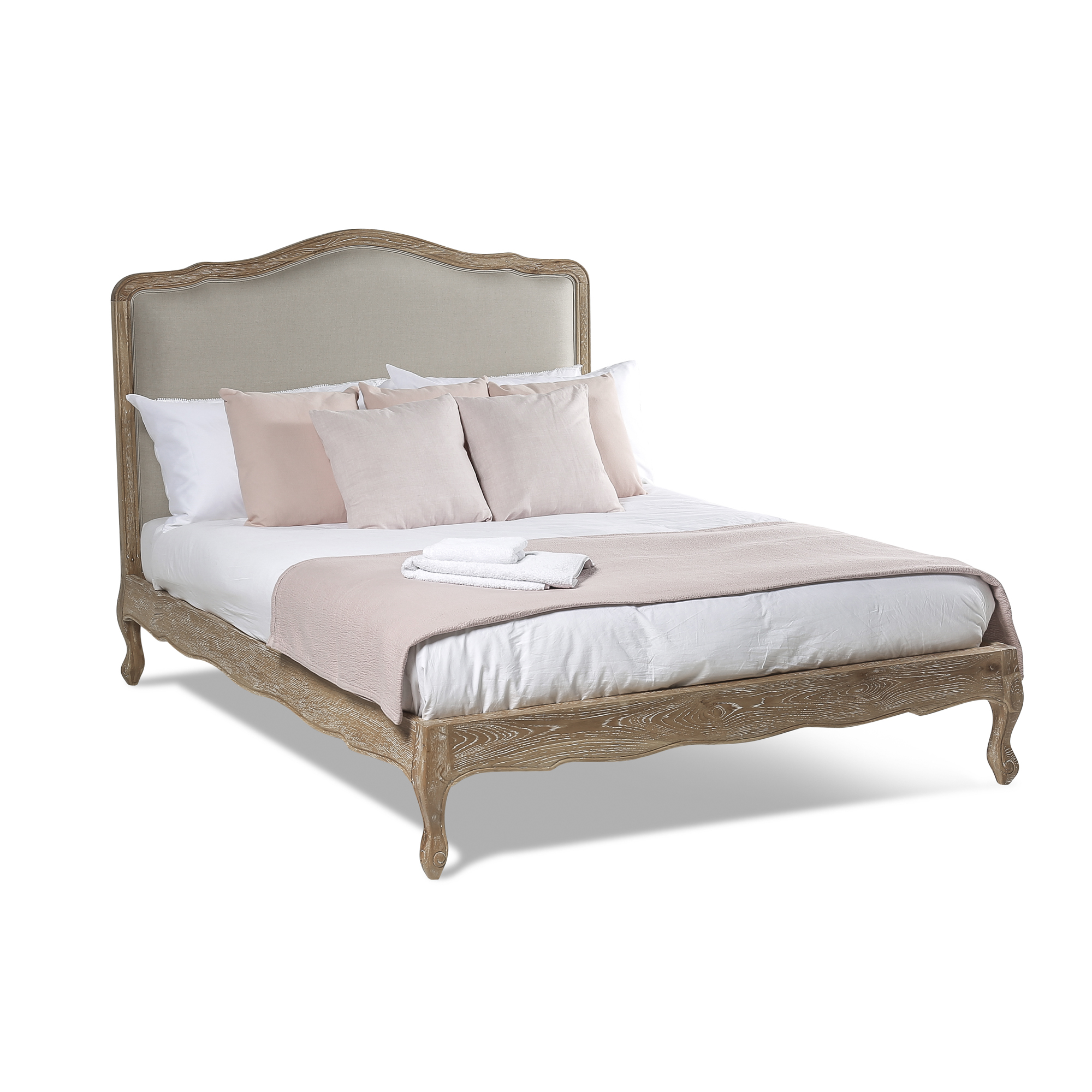 Clementine French Weathered Whitewash Oak Upholstered Low Foot Board Bed – Super King Size