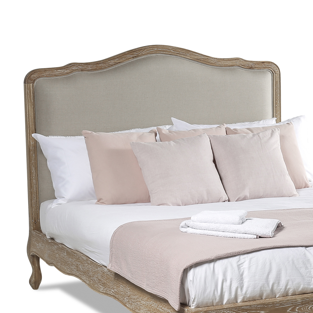 Clementine French Weathered Whitewash Oak Upholstered Headboard – Double