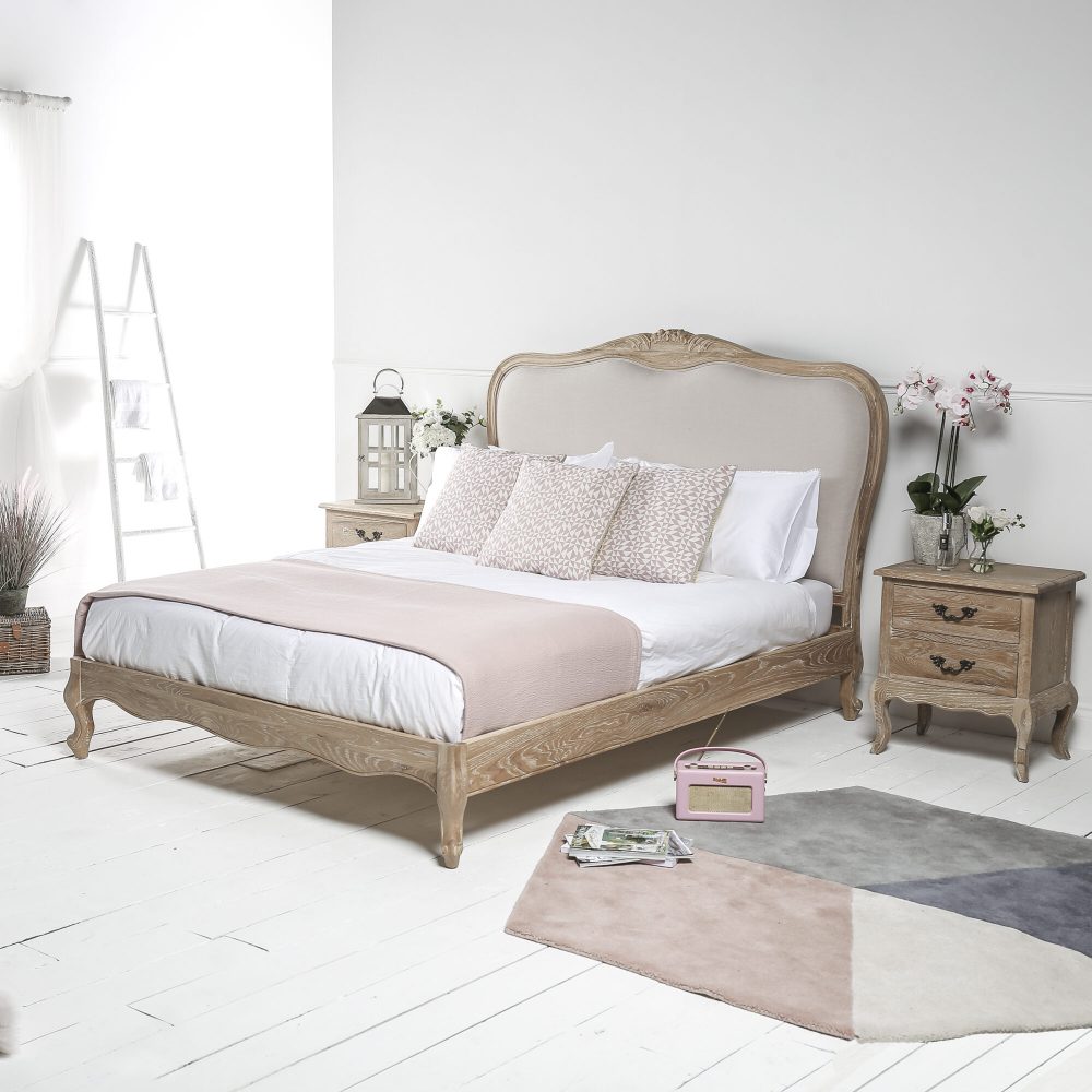 French Weathered Limed Oak Upholstered Low Foot Board Bed - Super King Size - Carved Headboard - Image 2