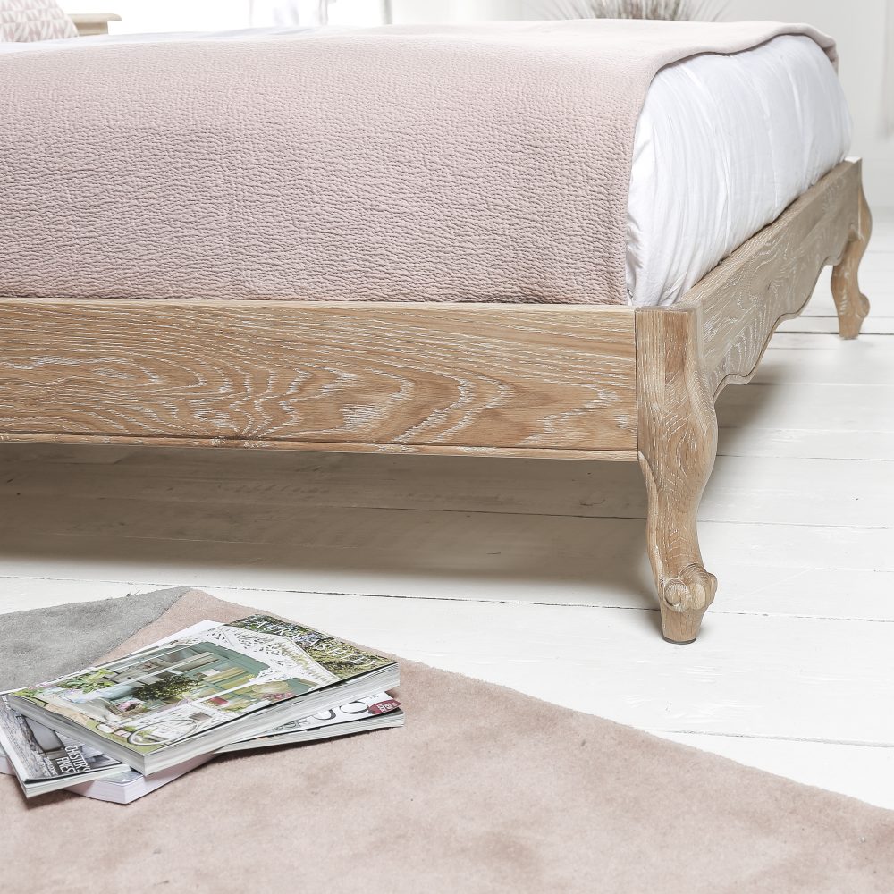 French Weathered Limed Oak Upholstered Low Foot Board Bed - Super King Size - Carved Headboard - Image 9