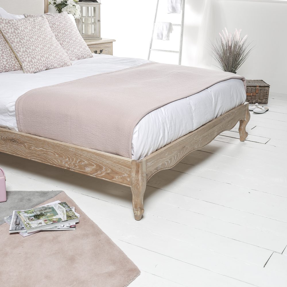 French Weathered Limed Oak Upholstered Low Foot Board Bed - Super King Size - Carved Headboard - Image 8