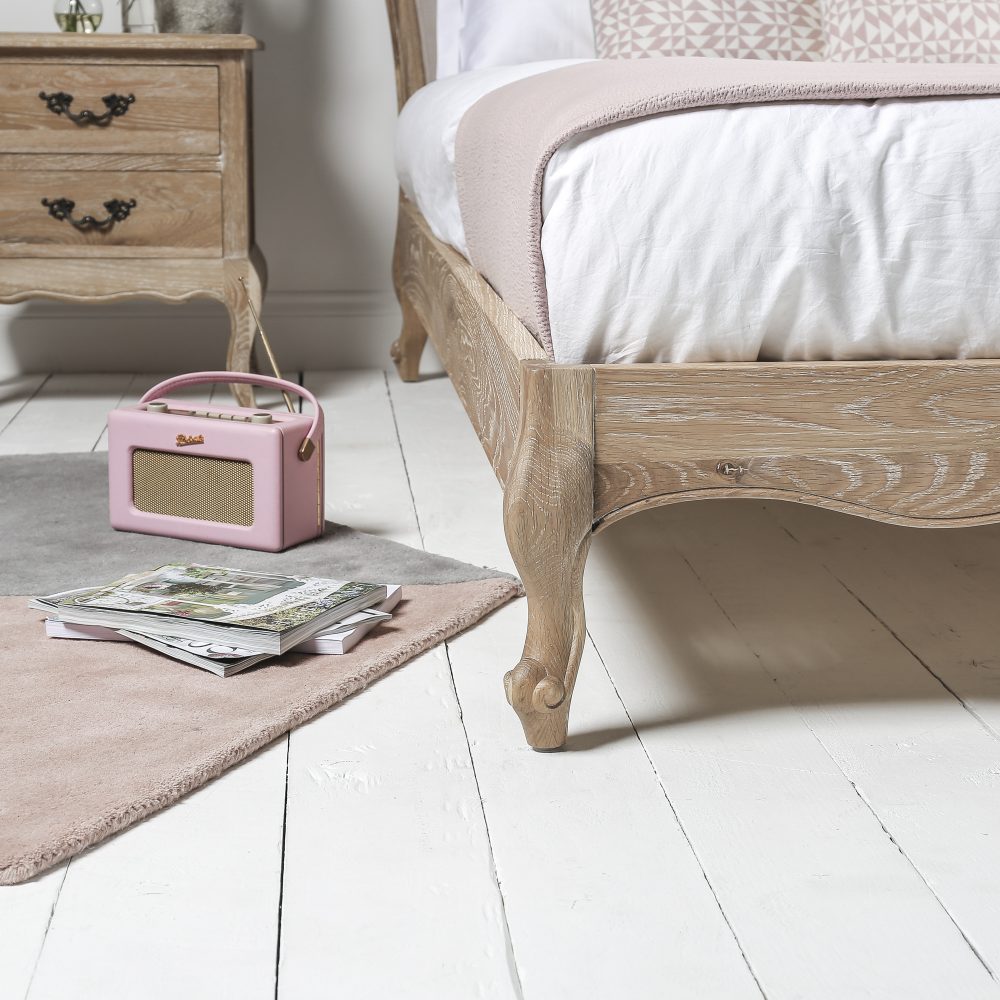 French Weathered Limed Oak Upholstered Low Foot Board Bed - Super King Size - Carved Headboard - Image 7