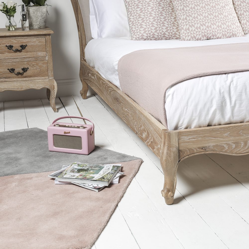 French Weathered Limed Oak Upholstered Low Foot Board Bed - Super King Size - Carved Headboard - Image 6