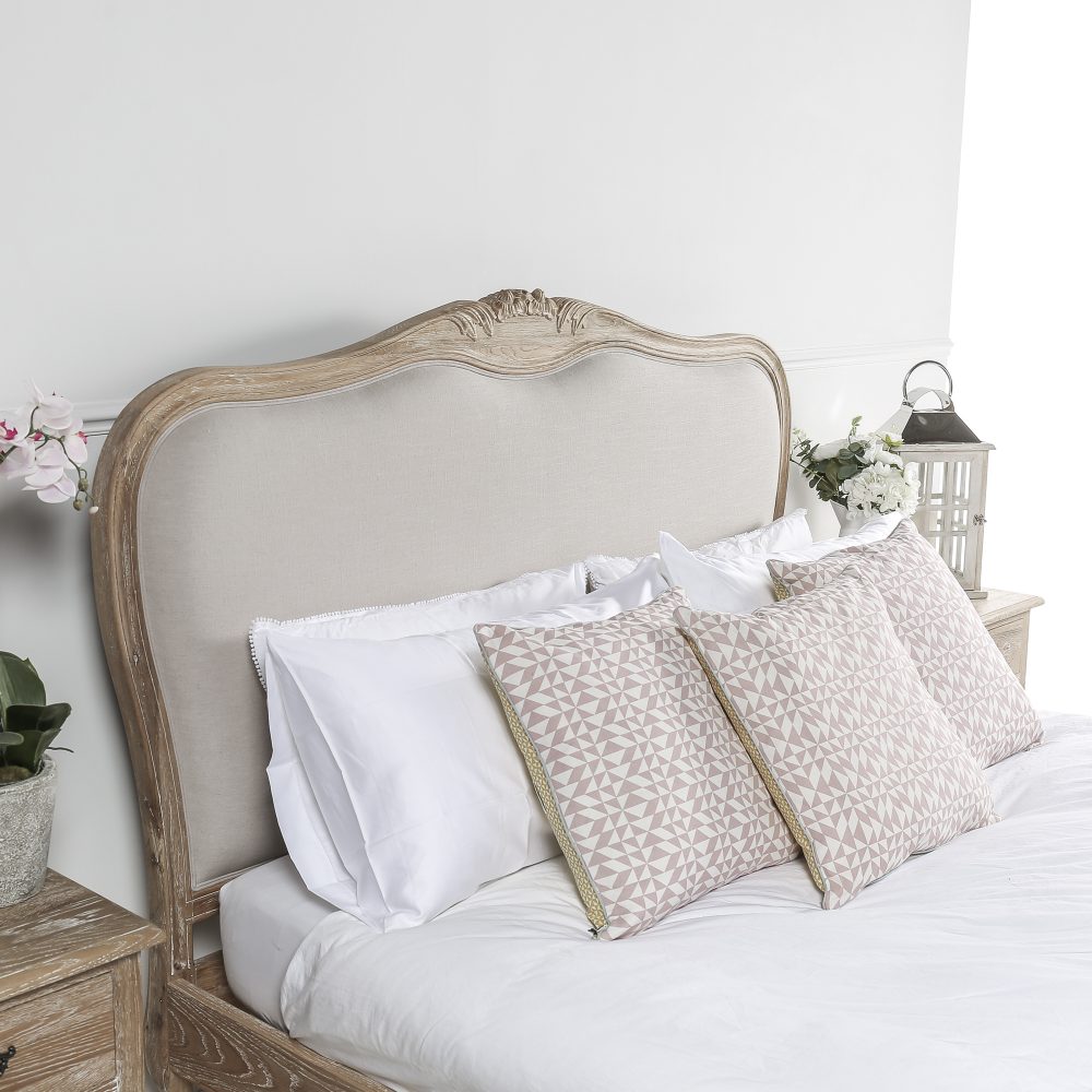 French Weathered Limed Oak Upholstered Low Foot Board Bed - Super King Size - Carved Headboard - Image 5