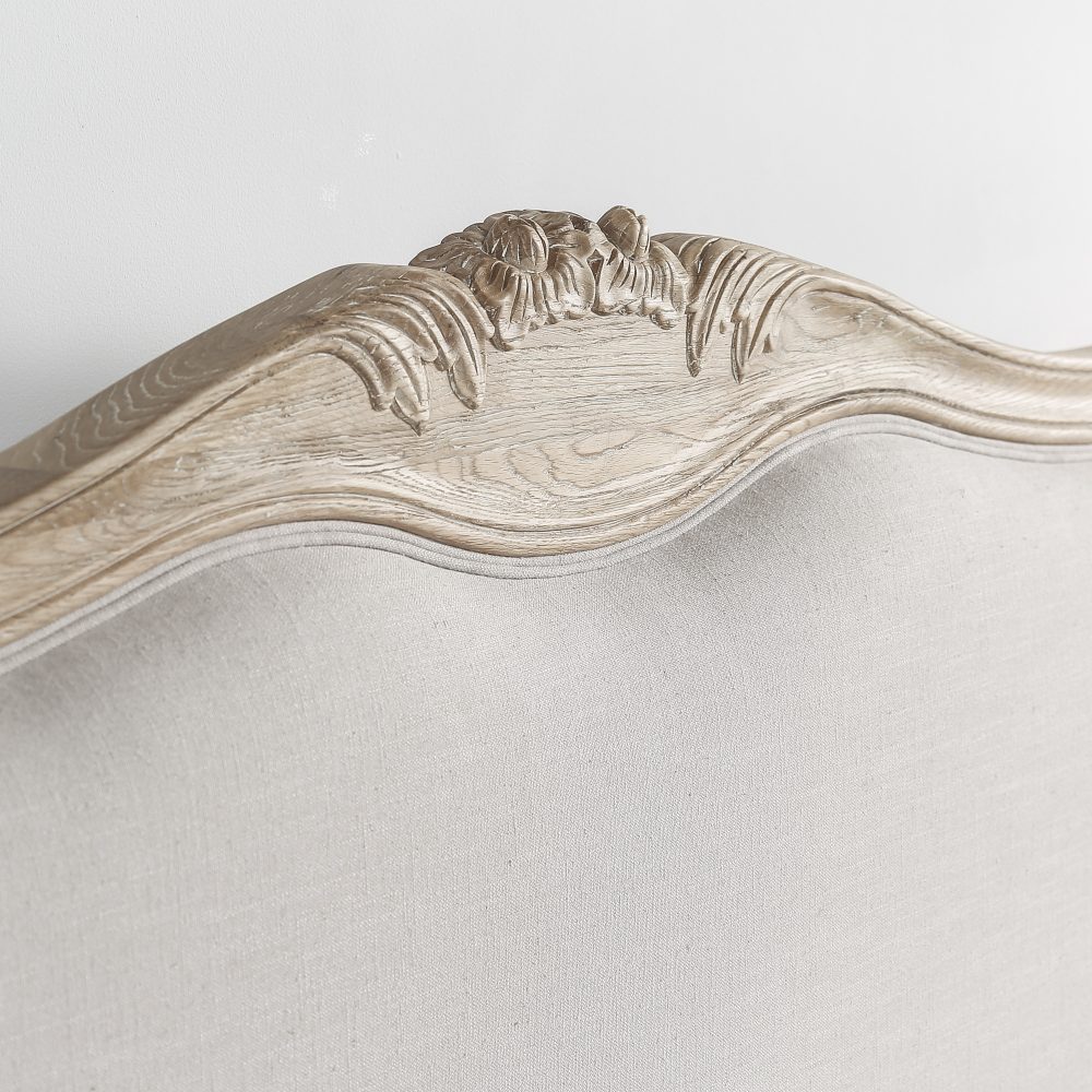 French Weathered Limed Oak Upholstered Low Foot Board Bed - Super King Size - Carved Headboard - Image 3